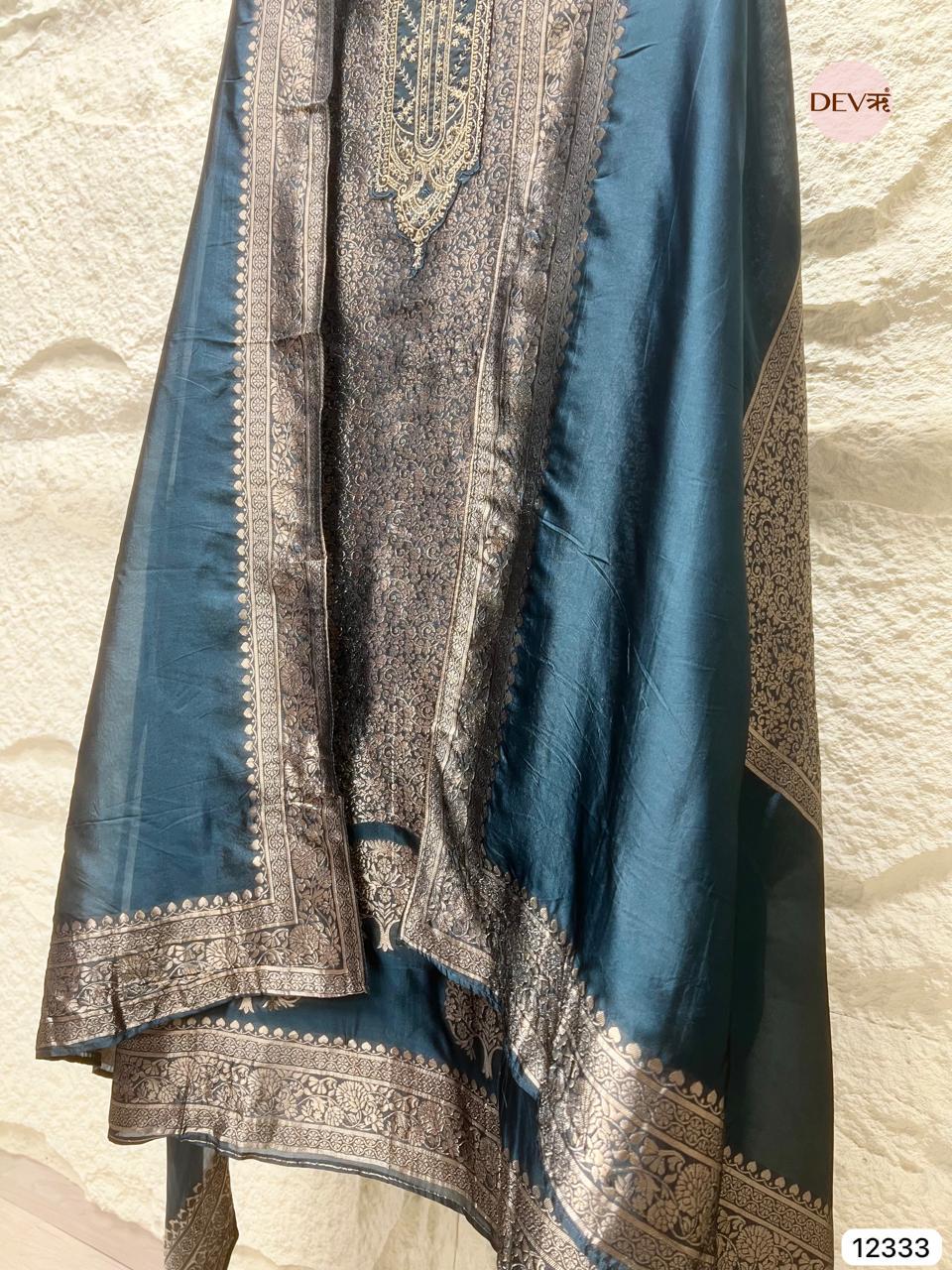 Deep Teal Blue Pure Banarasi Silk Woven Unstitched 3-Piece Suit (Devri – D.No 12333)