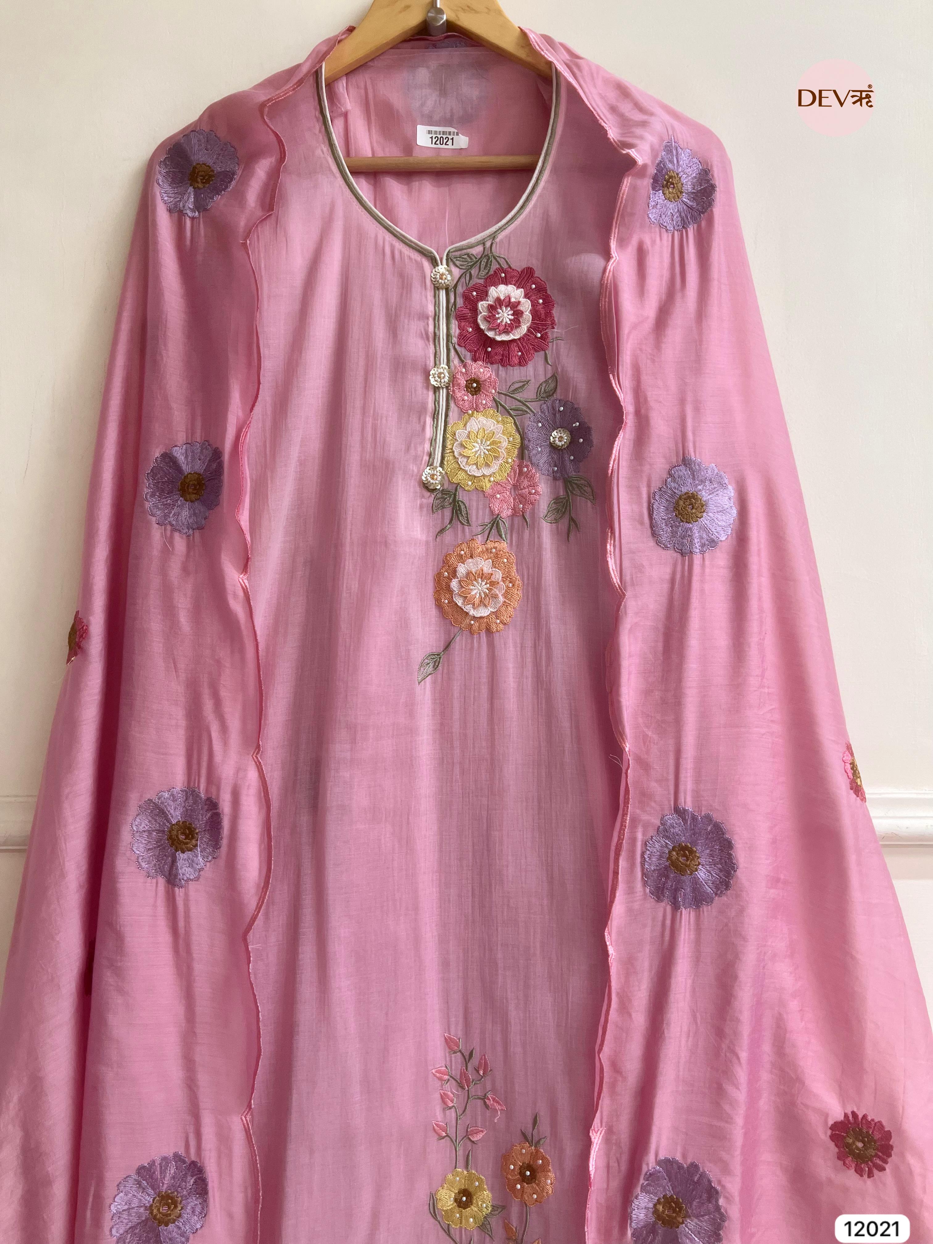 Pink Pure Mul Chanderi Unstitched Embroidered -Set Of 3 - {12021}