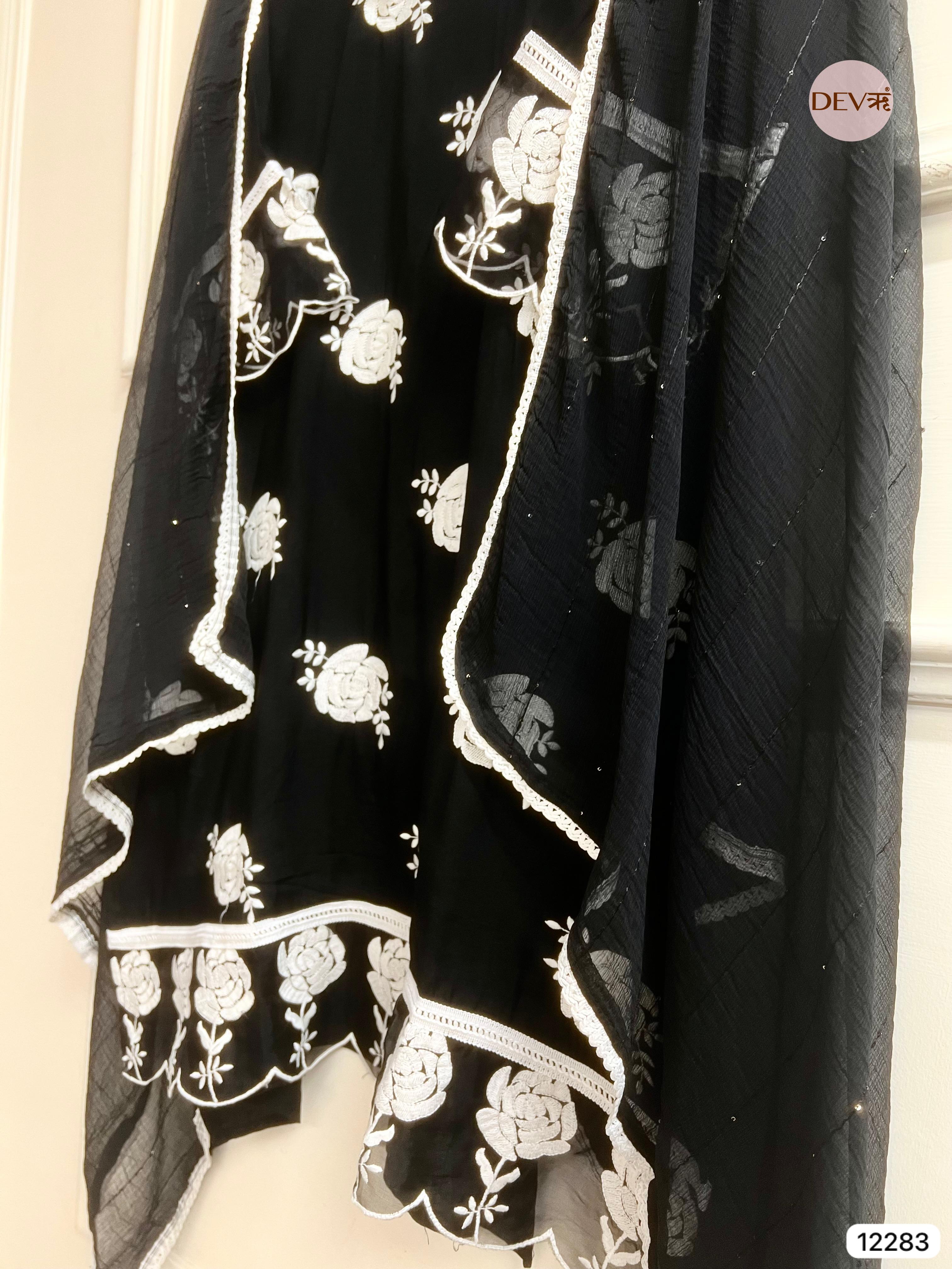 Black Muslin Embroidered Unstitched 3-Piece Suit (Devri – D.No 12283)