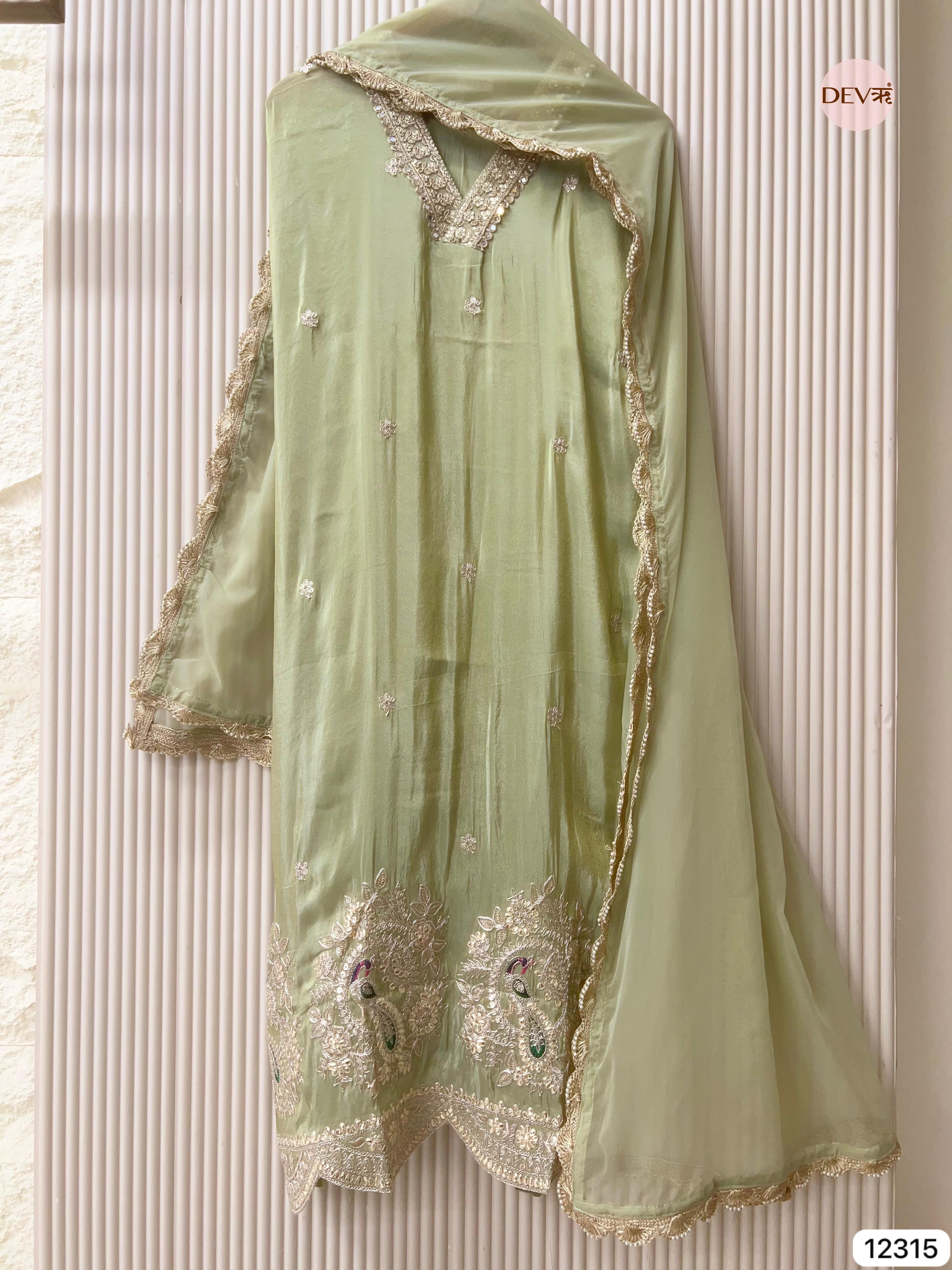 Pistachio Green Shimmer Silk Embroidered Unstitched 3-Piece Suit (Devri – D.No 12315)