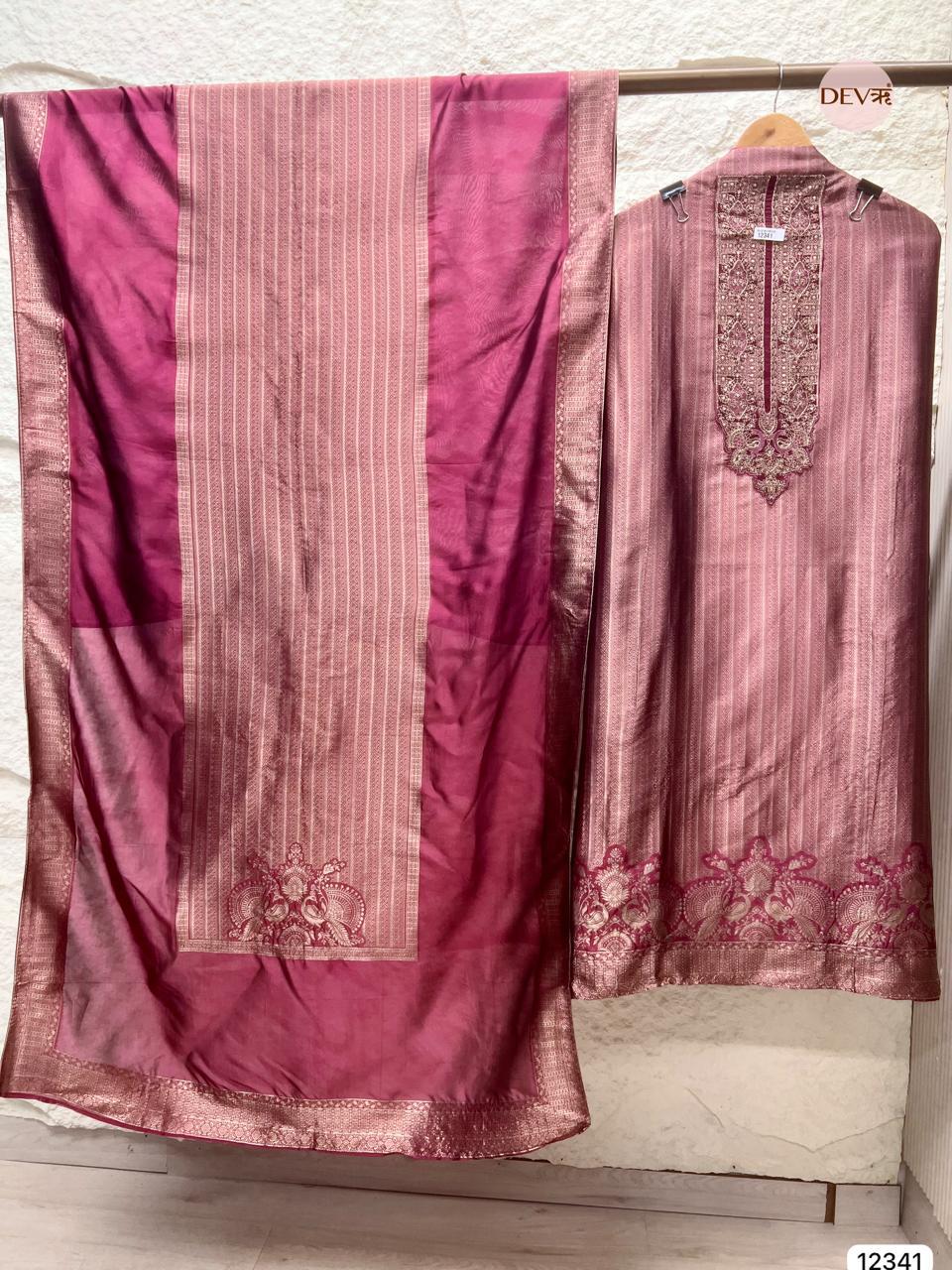Wine Maroon Pure Banarasi Silk Woven Unstitched 3-Piece Suit (Devri – D.No 12341)