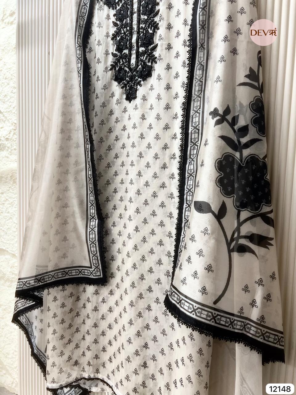 White Pure Organza Embroidered Unstitched 3-Piece Suit (Devri – D.No 12148)