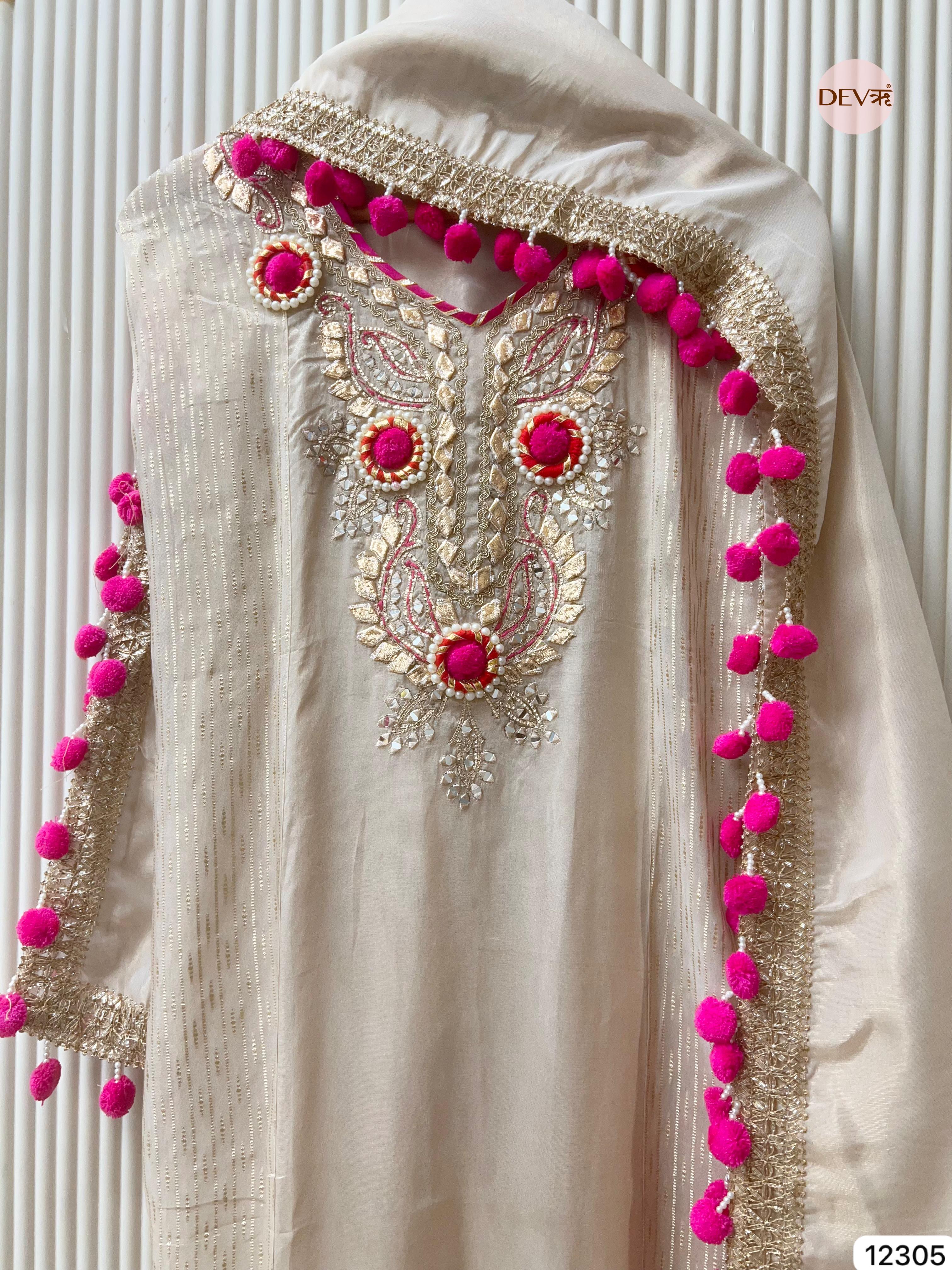 Ivory Pink Tissue Silk Embroidered Unstitched 3-Piece Suit (Devri – D.No 12305)