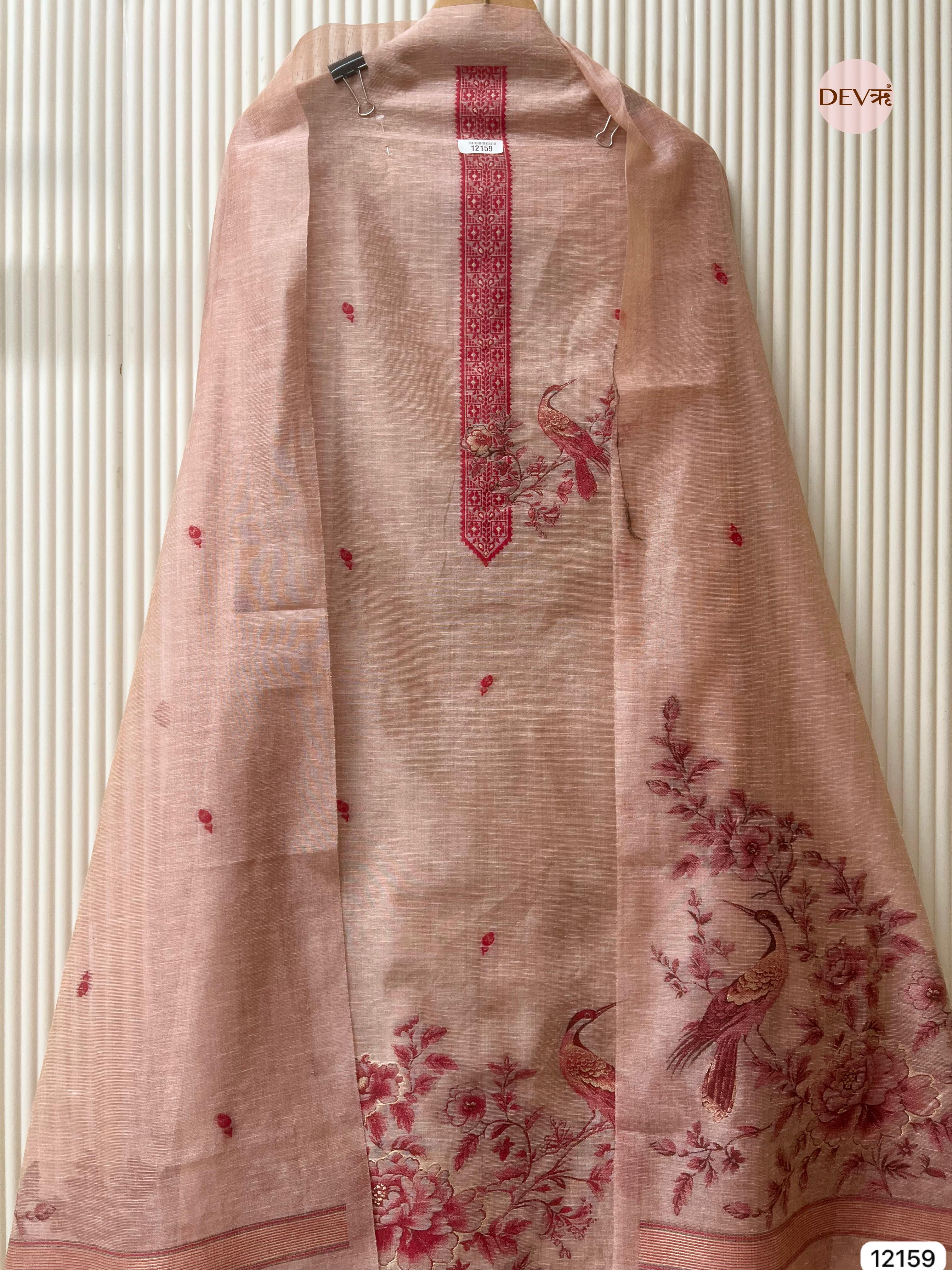 {12159} Peach Pure Jamdani Linen Unstitched - Set Of 3