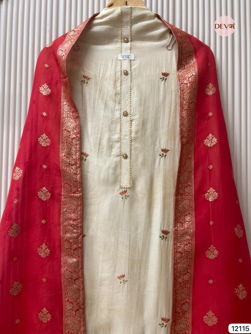 Ivory Russian Silk Embroidered Unstitched 3-Piece Suit (Devri – D.No 12115).