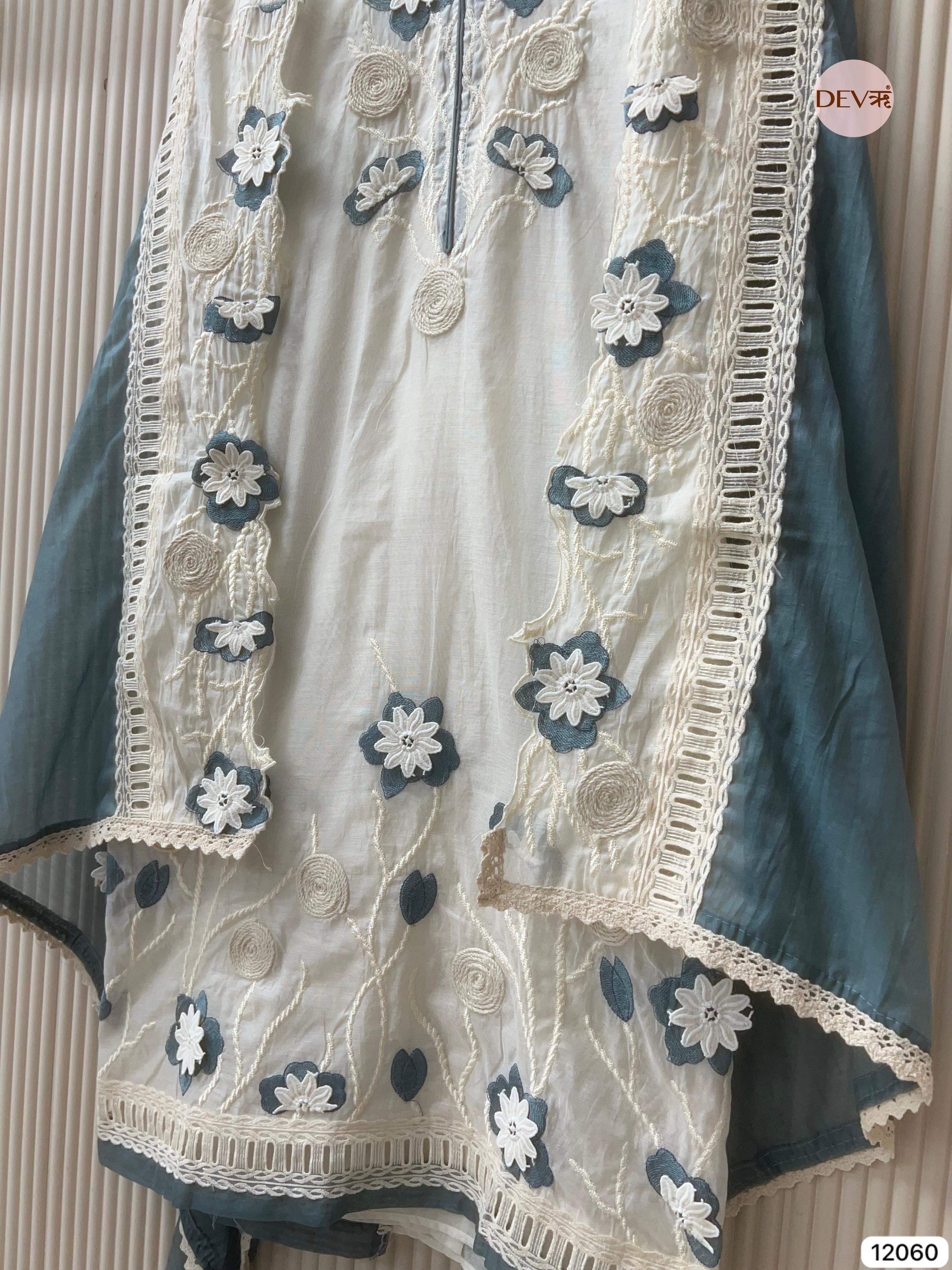 White Mul Chanderi Unstitched With Hand Embroidered -Set Of 3 - {12060}