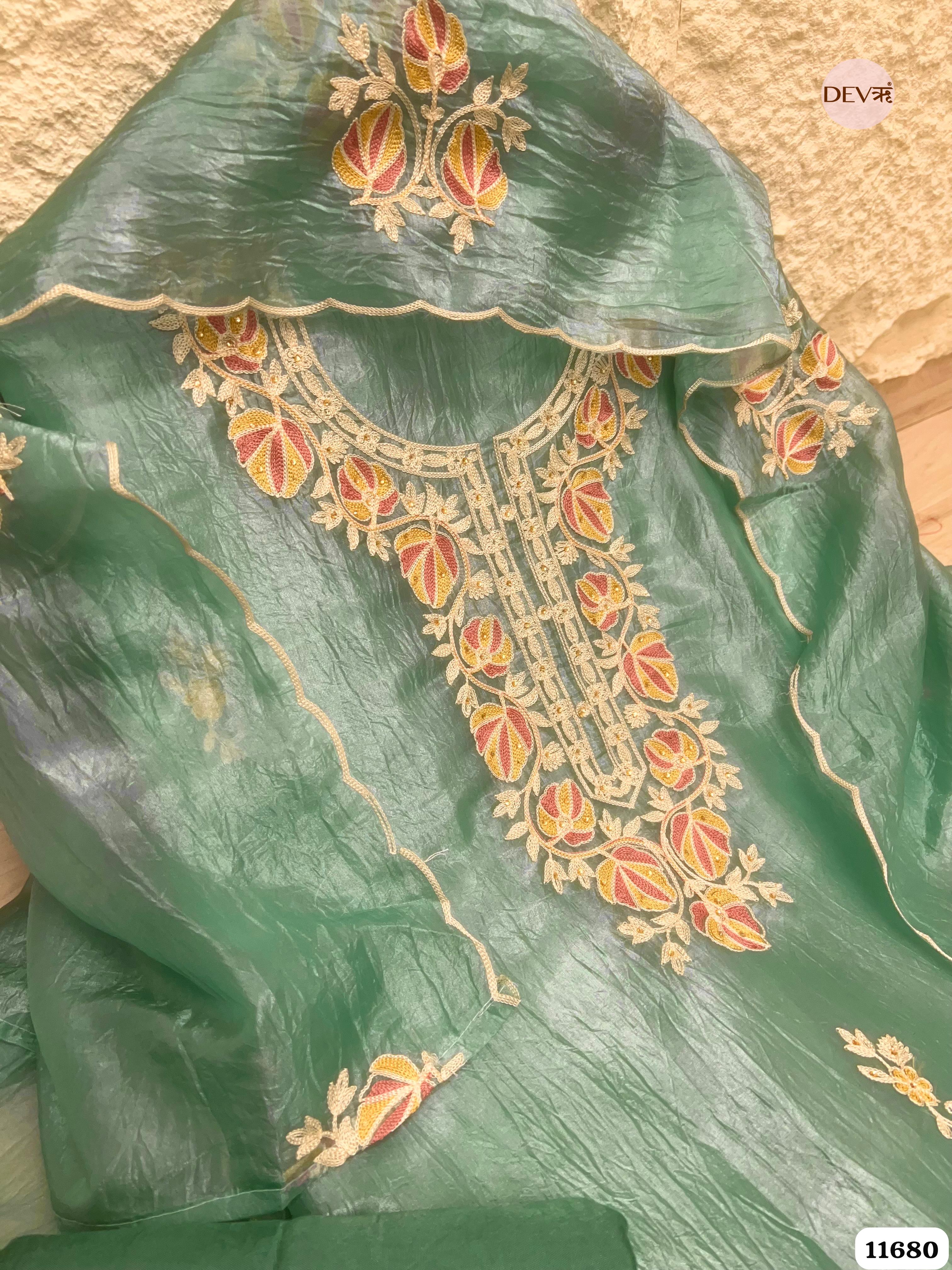 Green Tissue Crush Silk Unstitched Embroidered -Set Of 3 {11680}