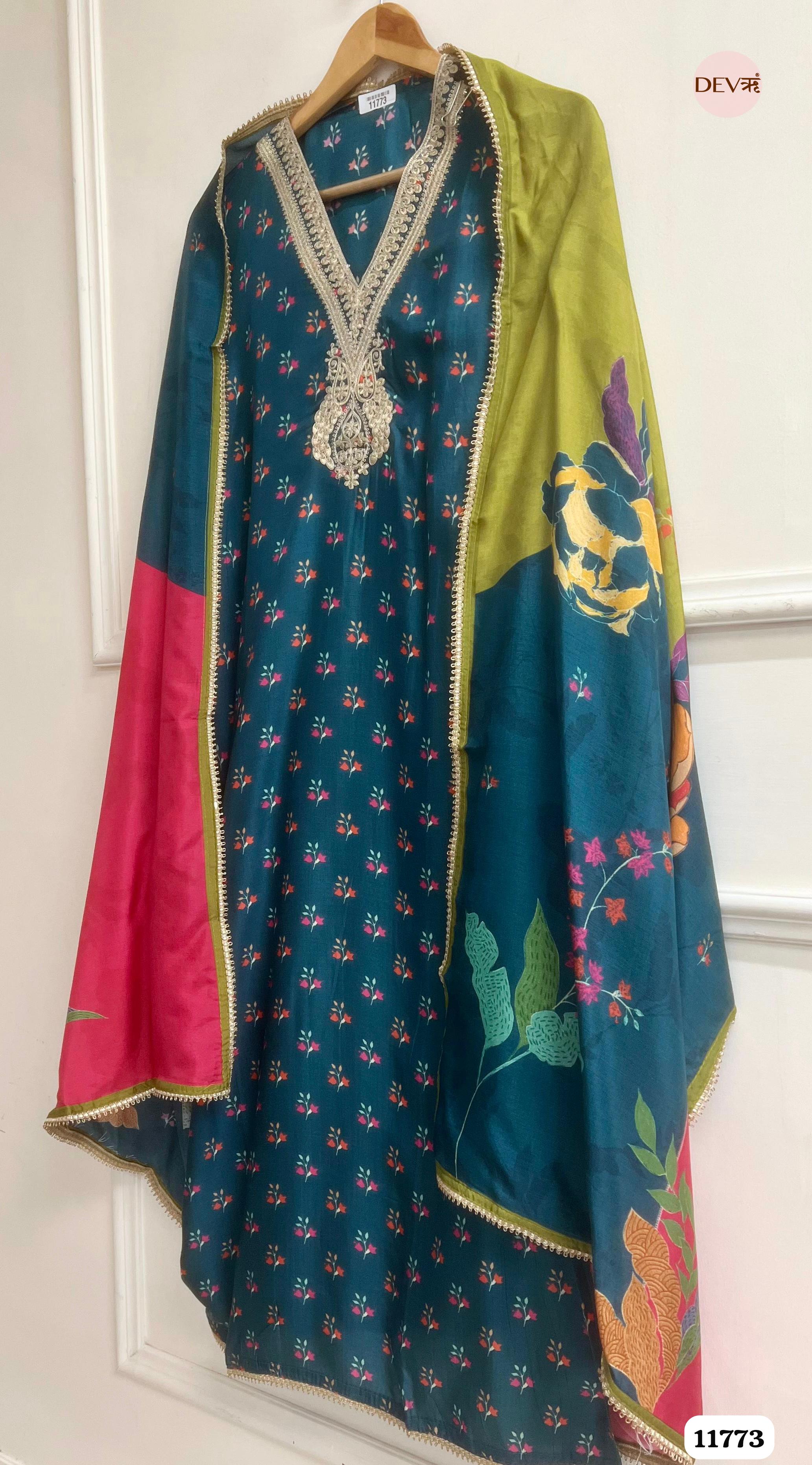 Royal Blue Russian Silk Unstitched Printed Embroidered -Set Of 3 {11773}