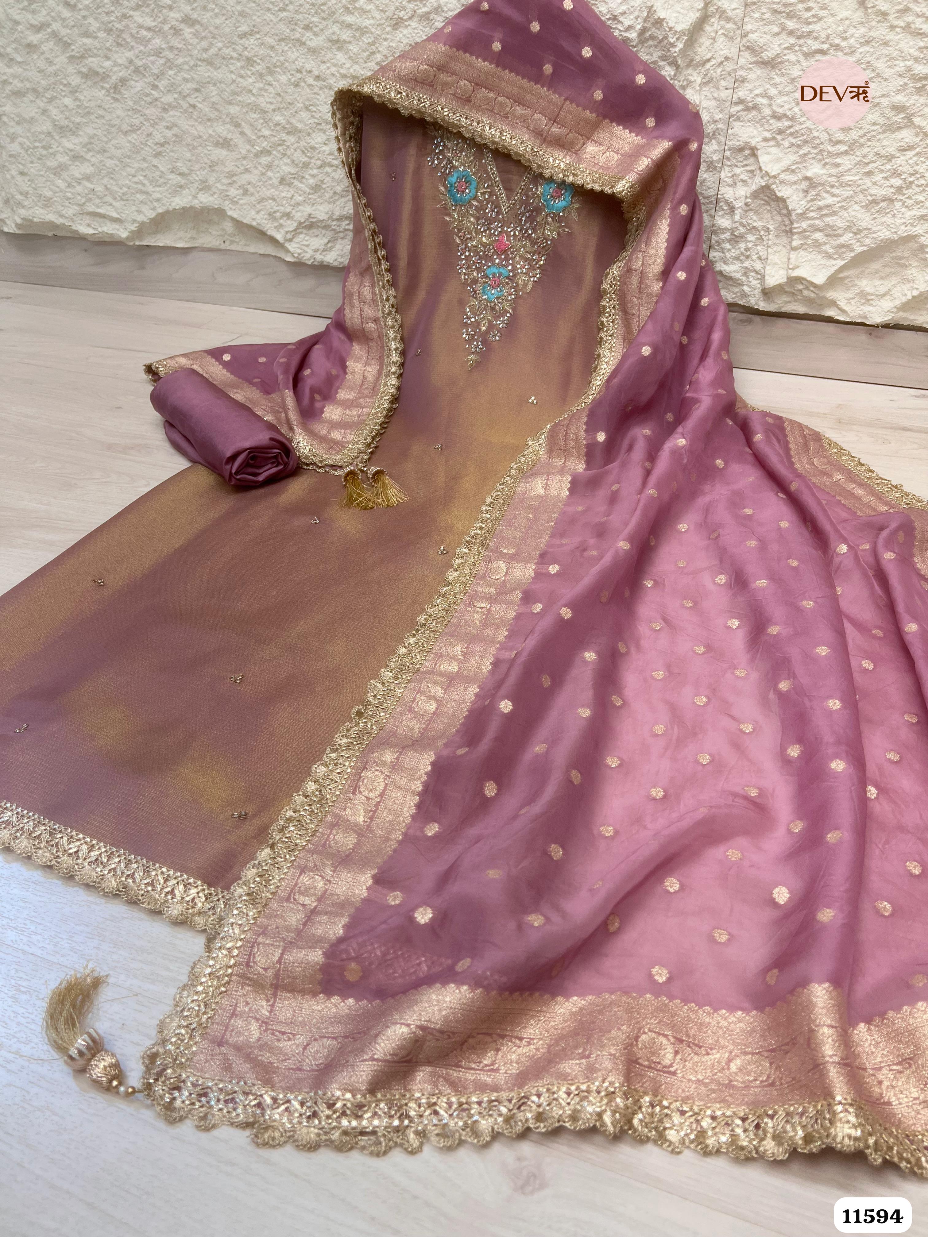 Light Brown Pure Tissue Silk Unstitched Hand Embroidered -Set Of 3 {11594}