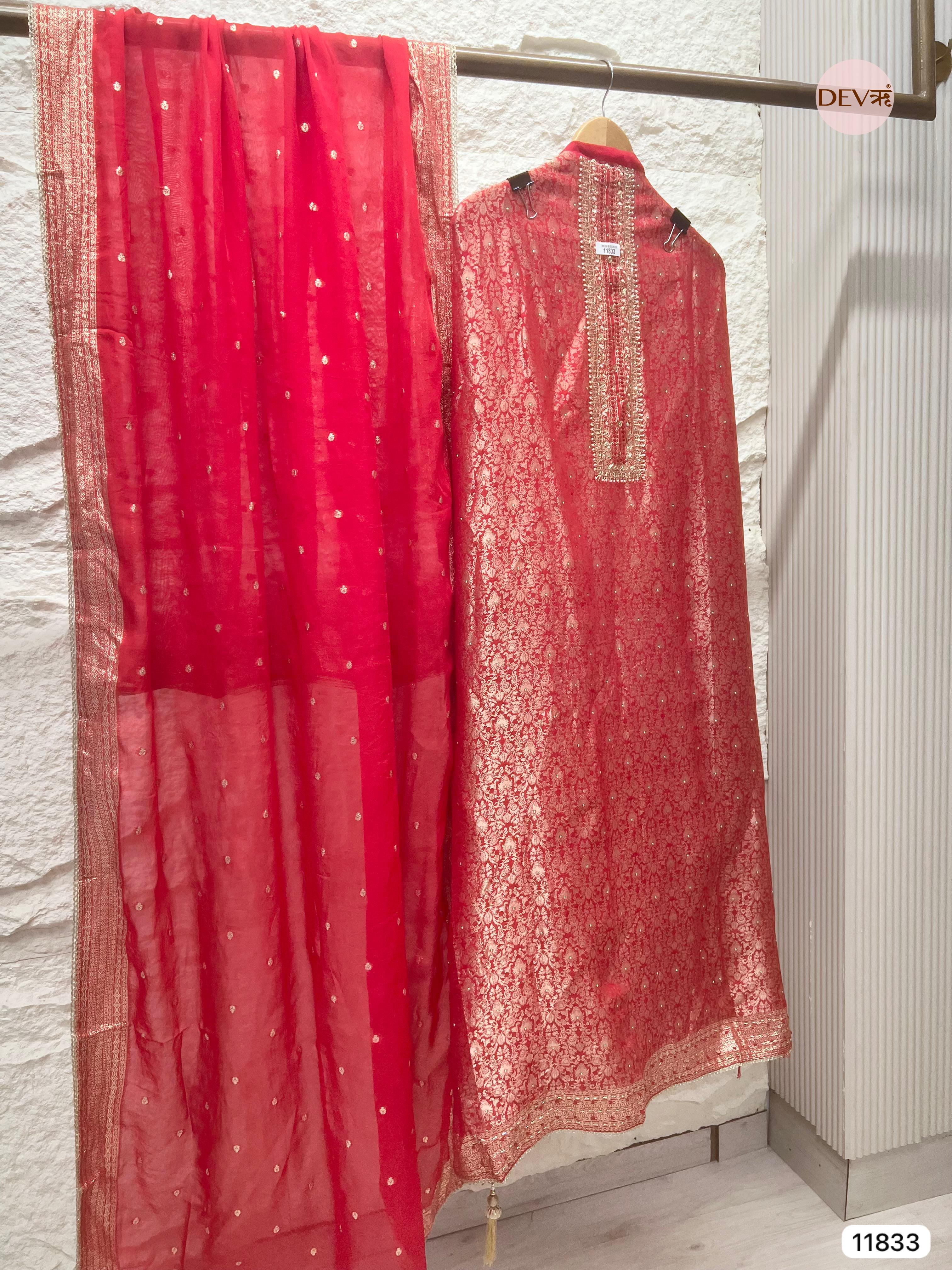Red Pure Shimmer Tissue Banarasi Woven Silk Unstitched Hand Embroidered -Set Of 3- {11833}