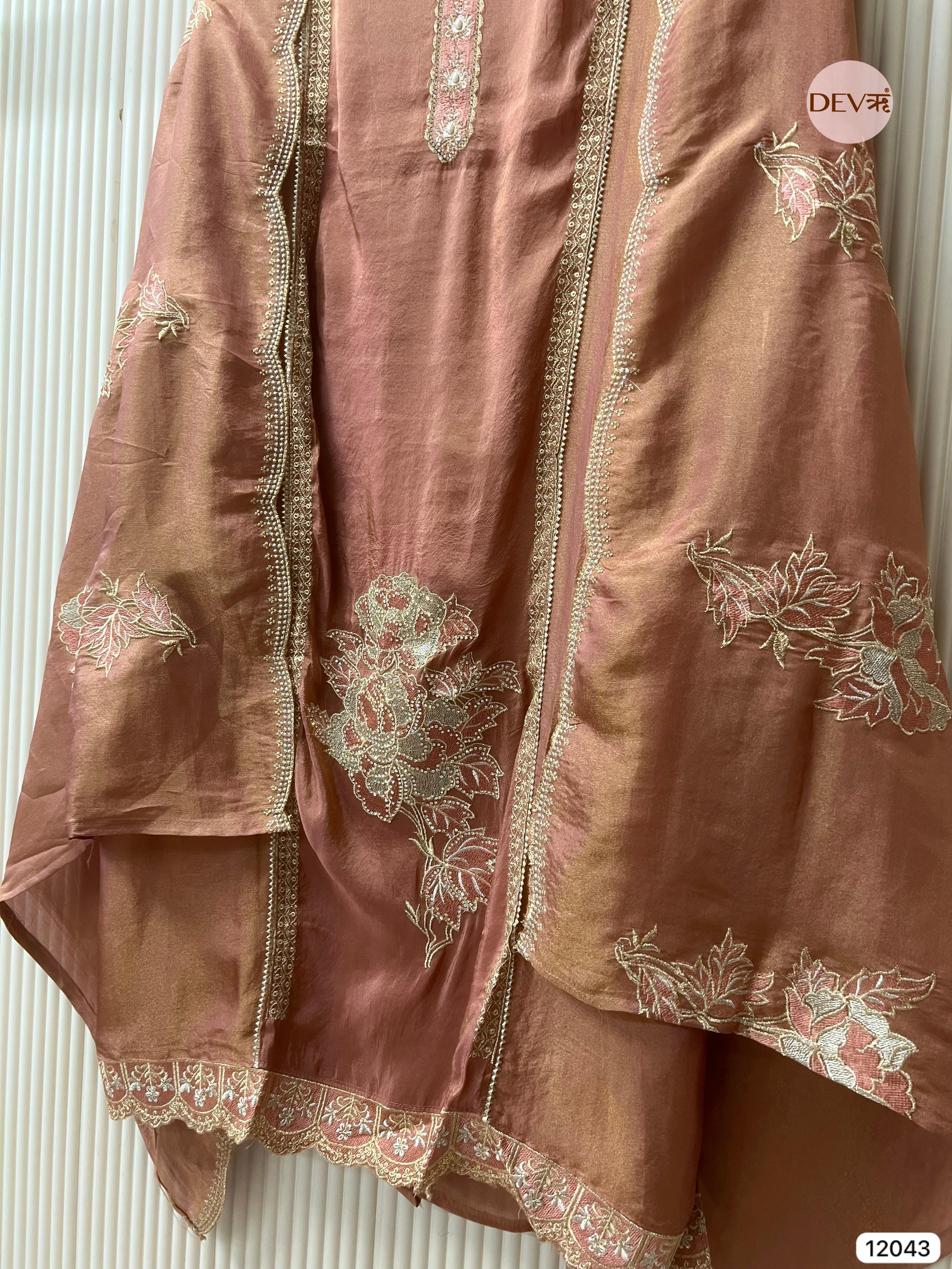 Brown Tissue Shimmer Silk Unstitched Hand Embroidered -Set Of 3 - {12043}