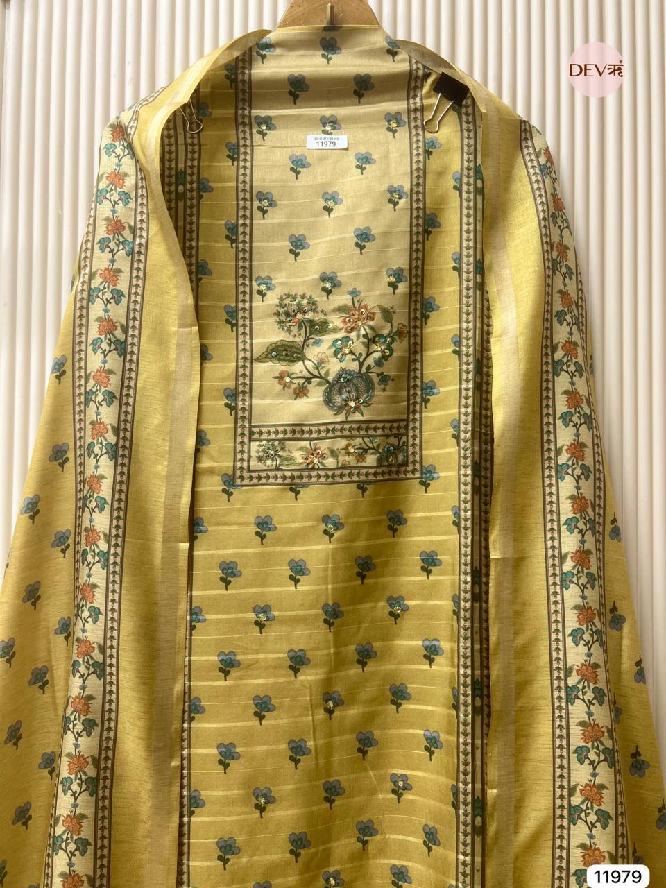 Mustard Pure Tusser Silk Printed Unstitched 3-Piece Suit (Devri – D.No 11979)