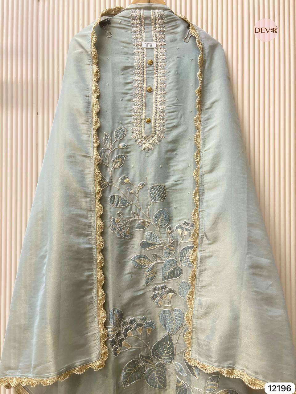 Ice Blue Shimmer Silk Embroidered Unstitched 3-Piece Suit (Devri – D.No 12196)