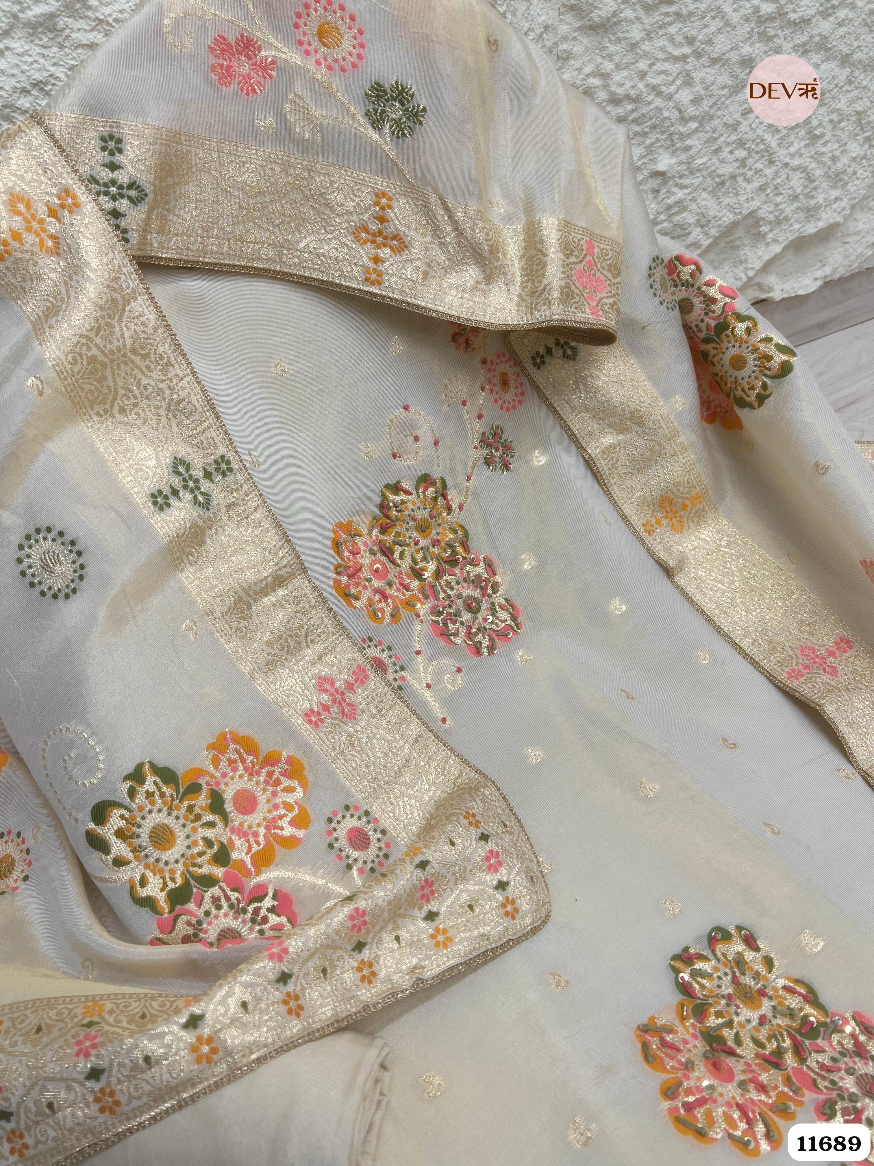 Off white Burberry Silk Unstitched Woven Embroidered -Set Of 3 {11689}