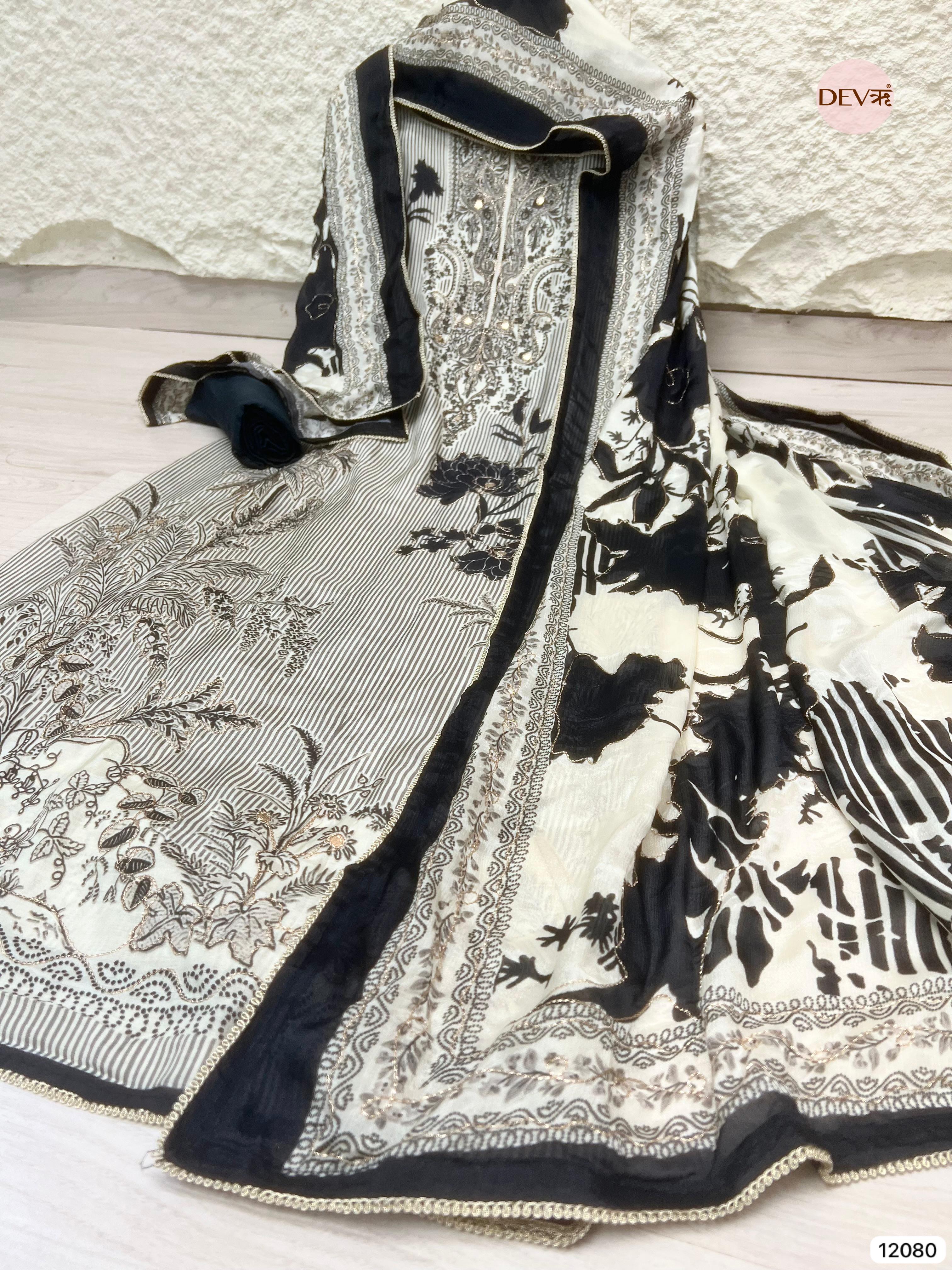 Black & White Pure Muslin Unstitched Printed With Hand Zardosi Embroidery -Set Of 3 - {12080}