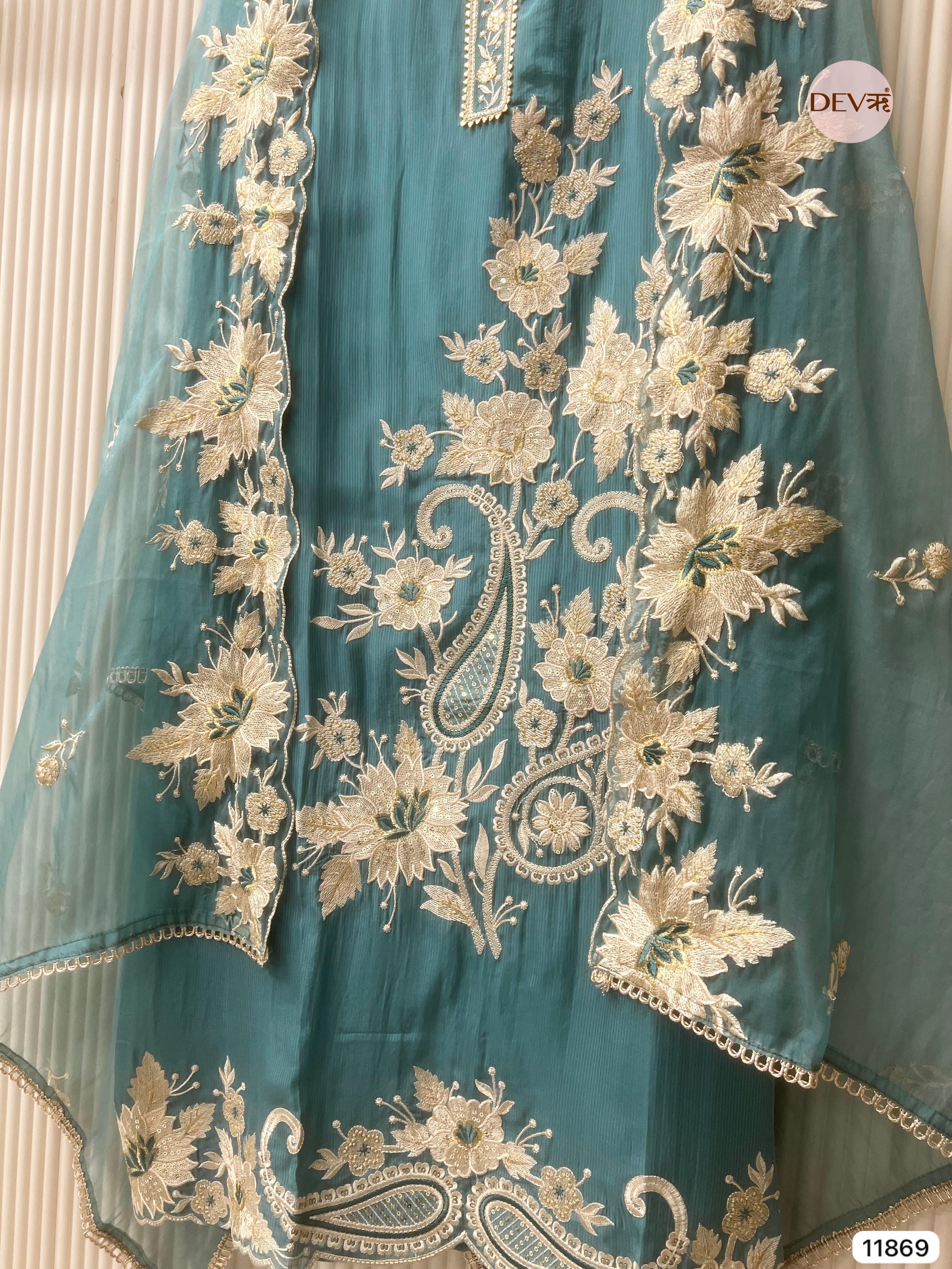 Firozi Blue Tissues Silk Unstitched Embroidered -Set Of 3 - {11869}