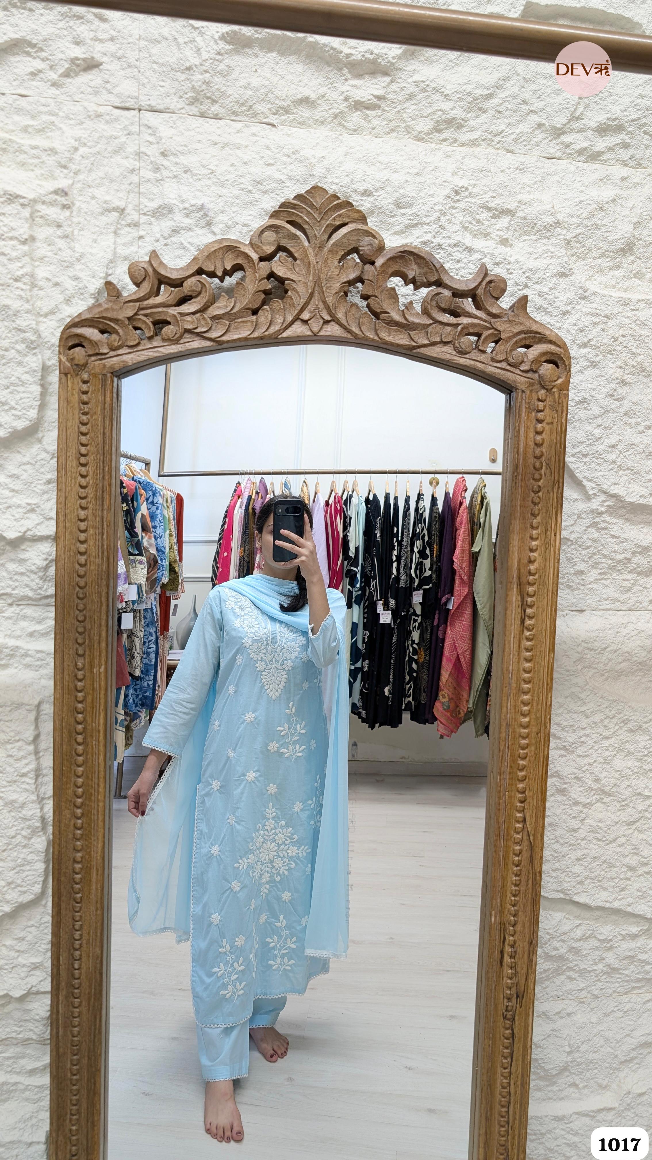 Light Blue Pure Cotton Stiched Embroidered -Set Of 3 {1017}