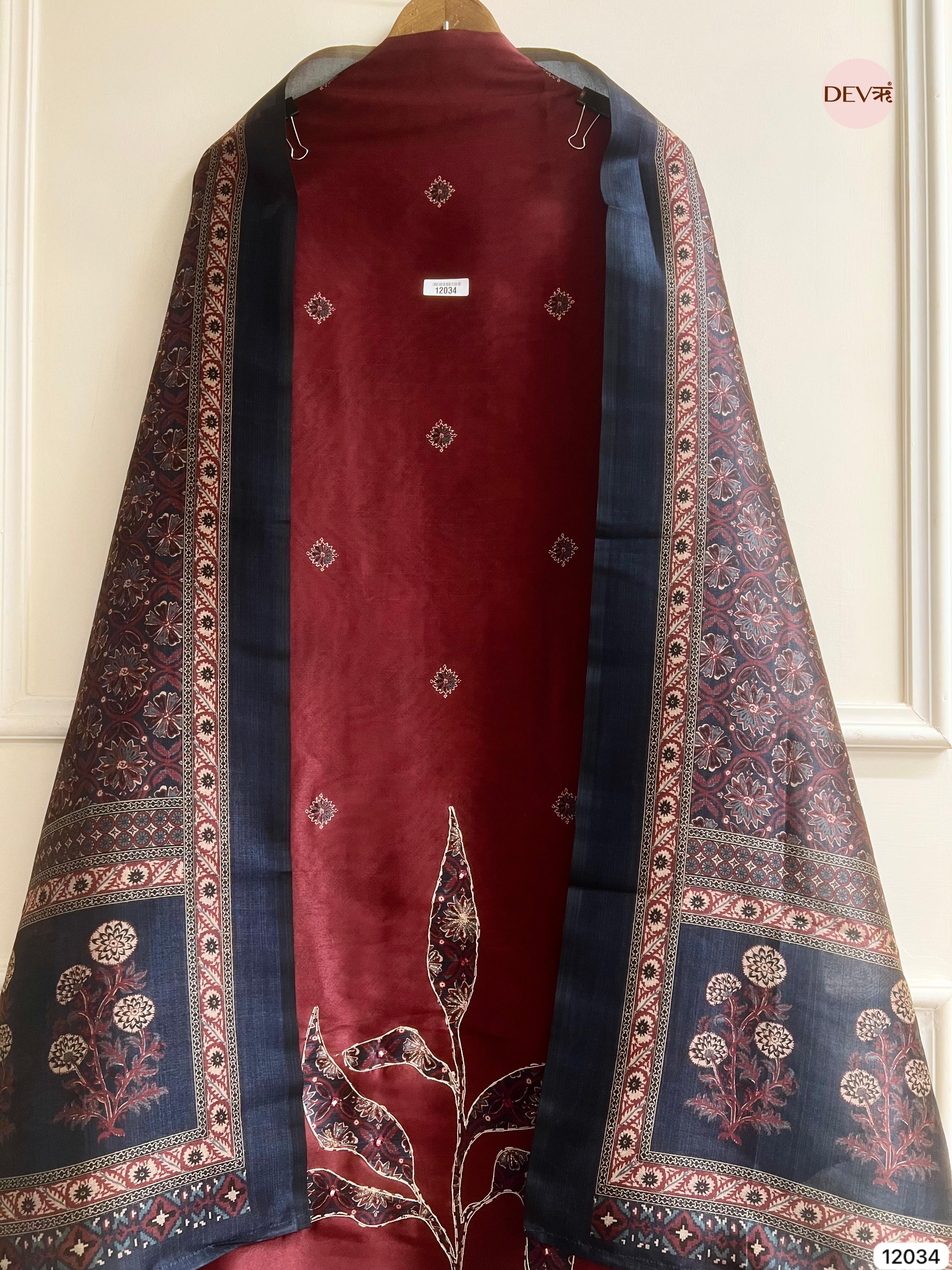 Maroon Raw Silk Unstitched Hand Applique Work Embroidered -Set Of 3 - {12034}
