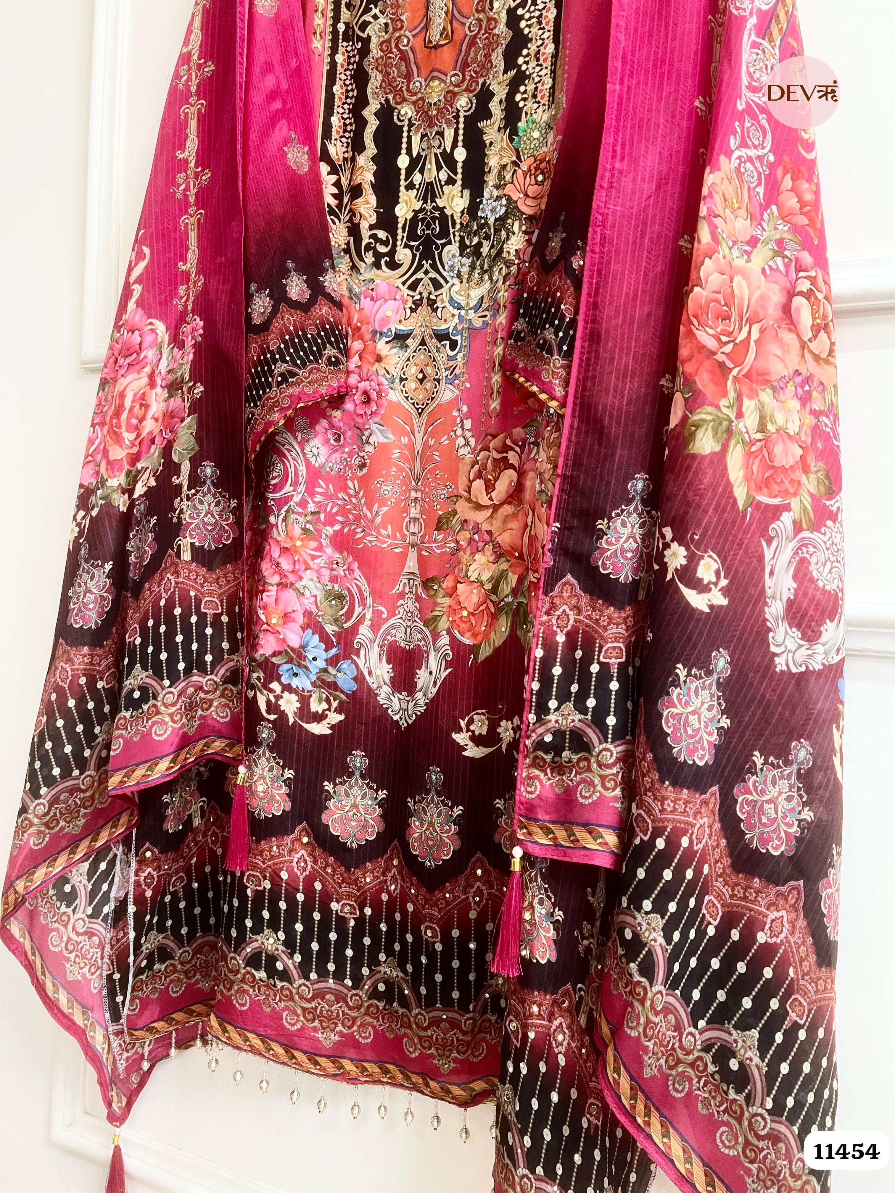 Pink organza Silk Printed Semi - Stitched Hand Embroidered -Set Of 3 {11454}