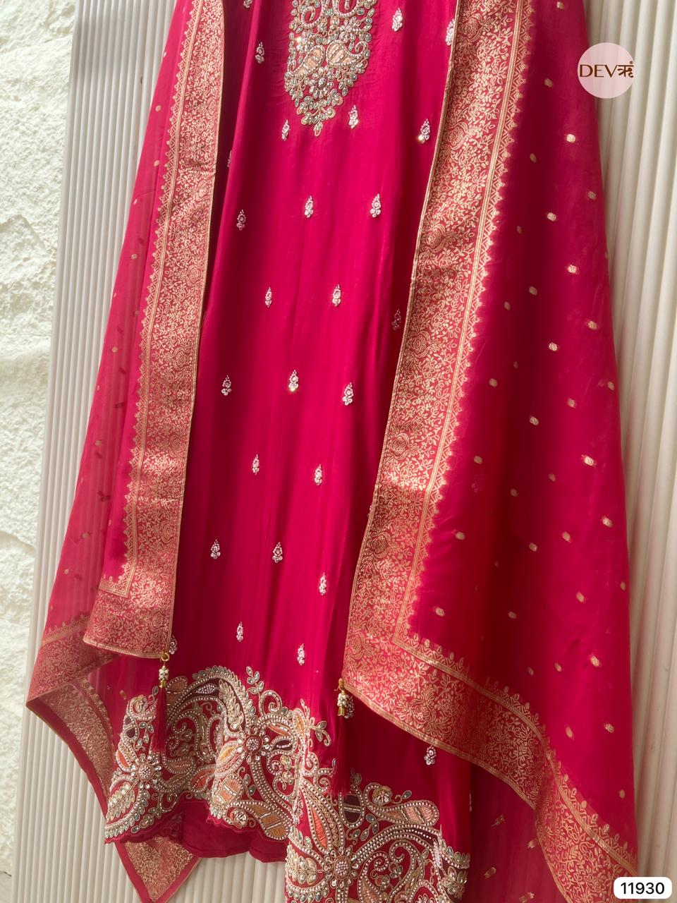 Red Pure Russian Silk Unstitched Hand Embroidered -Set Of 3 - {11930}