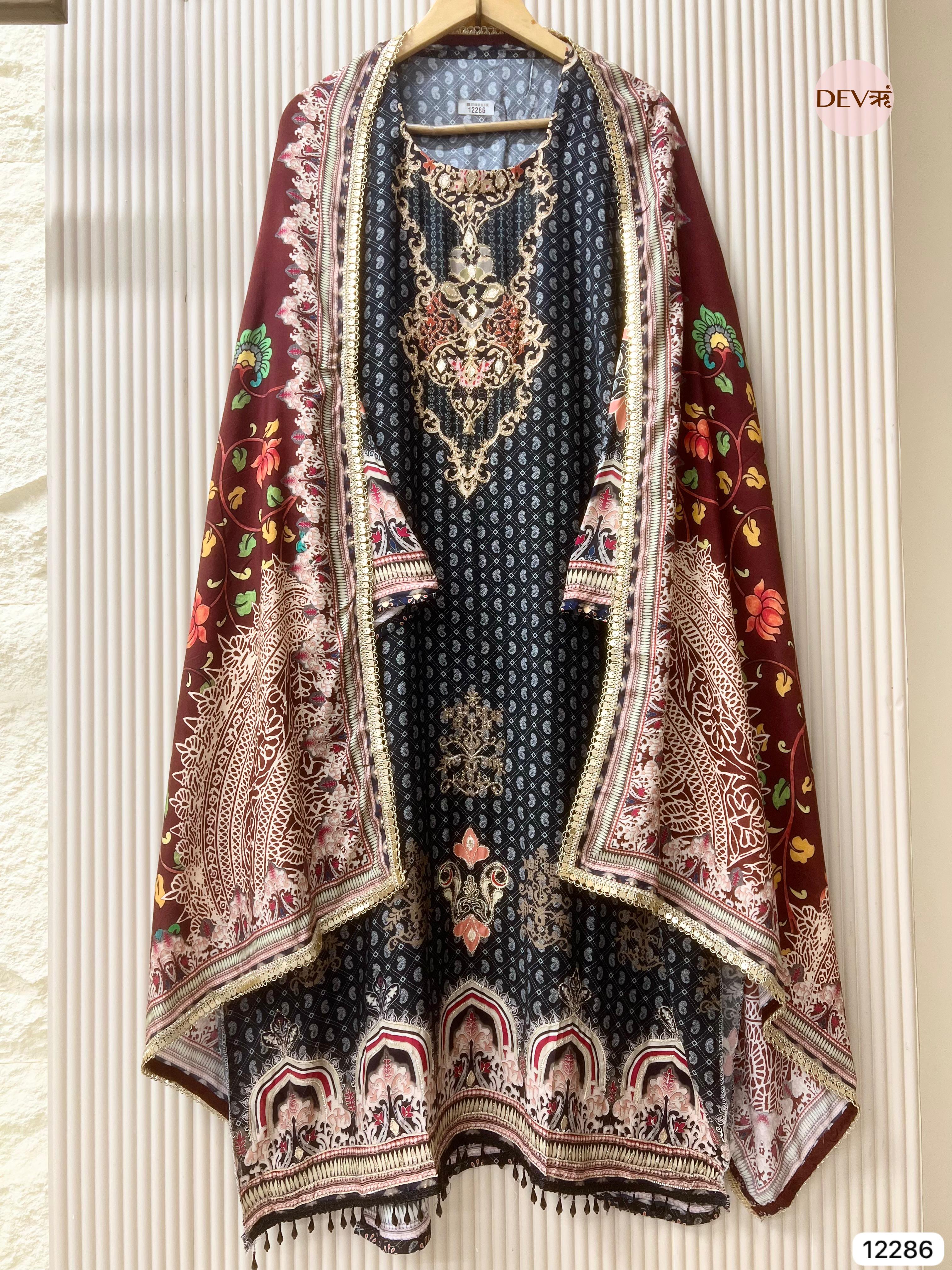 Black Muslin Printed Unstitched 3-Piece Suit (Devri – D.No 12286)
