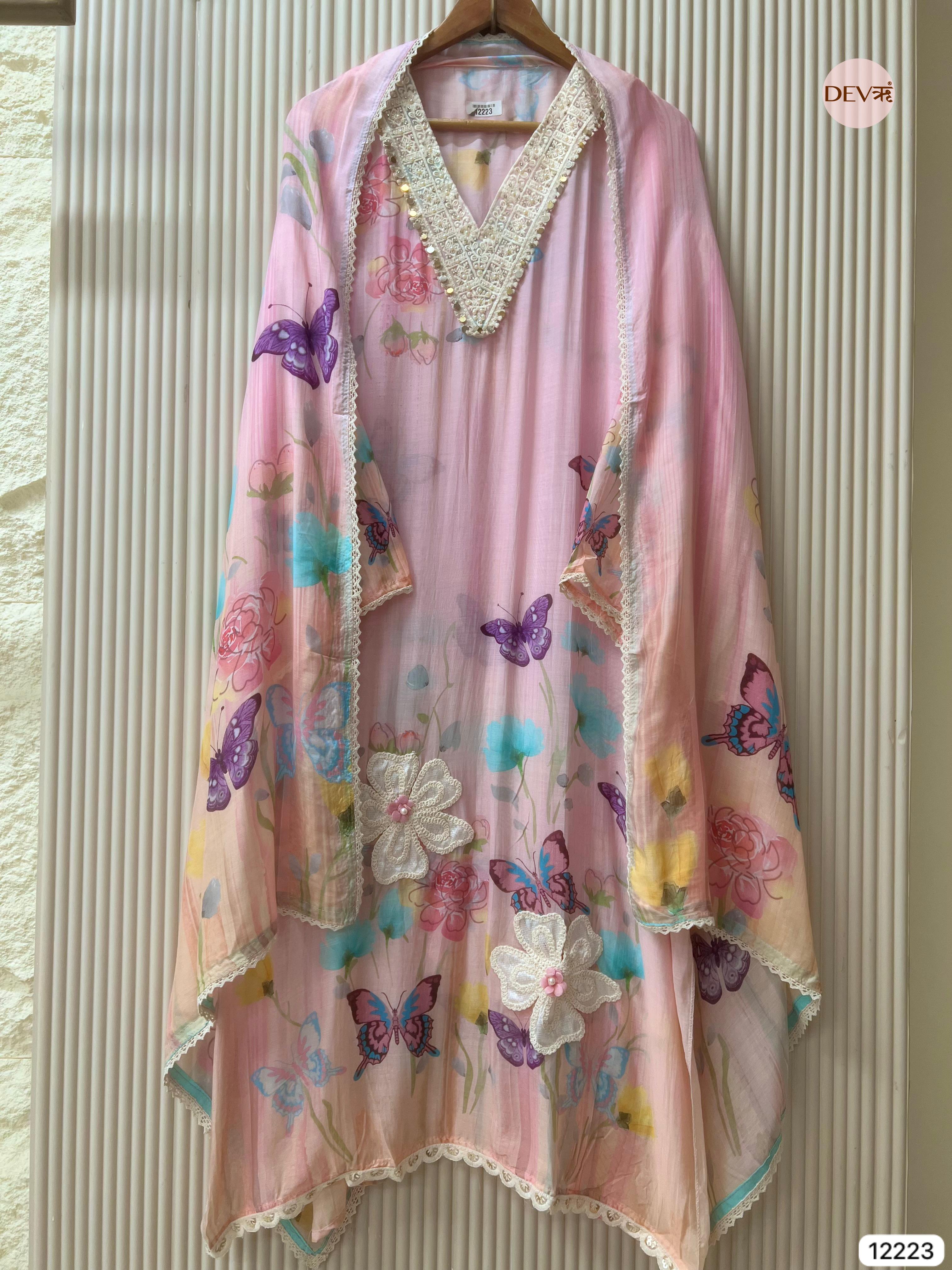 Soft Pink Mul Chanderi Butterfly Printed Unstitched 3-Piece Suit (Devri – D.No 12223)