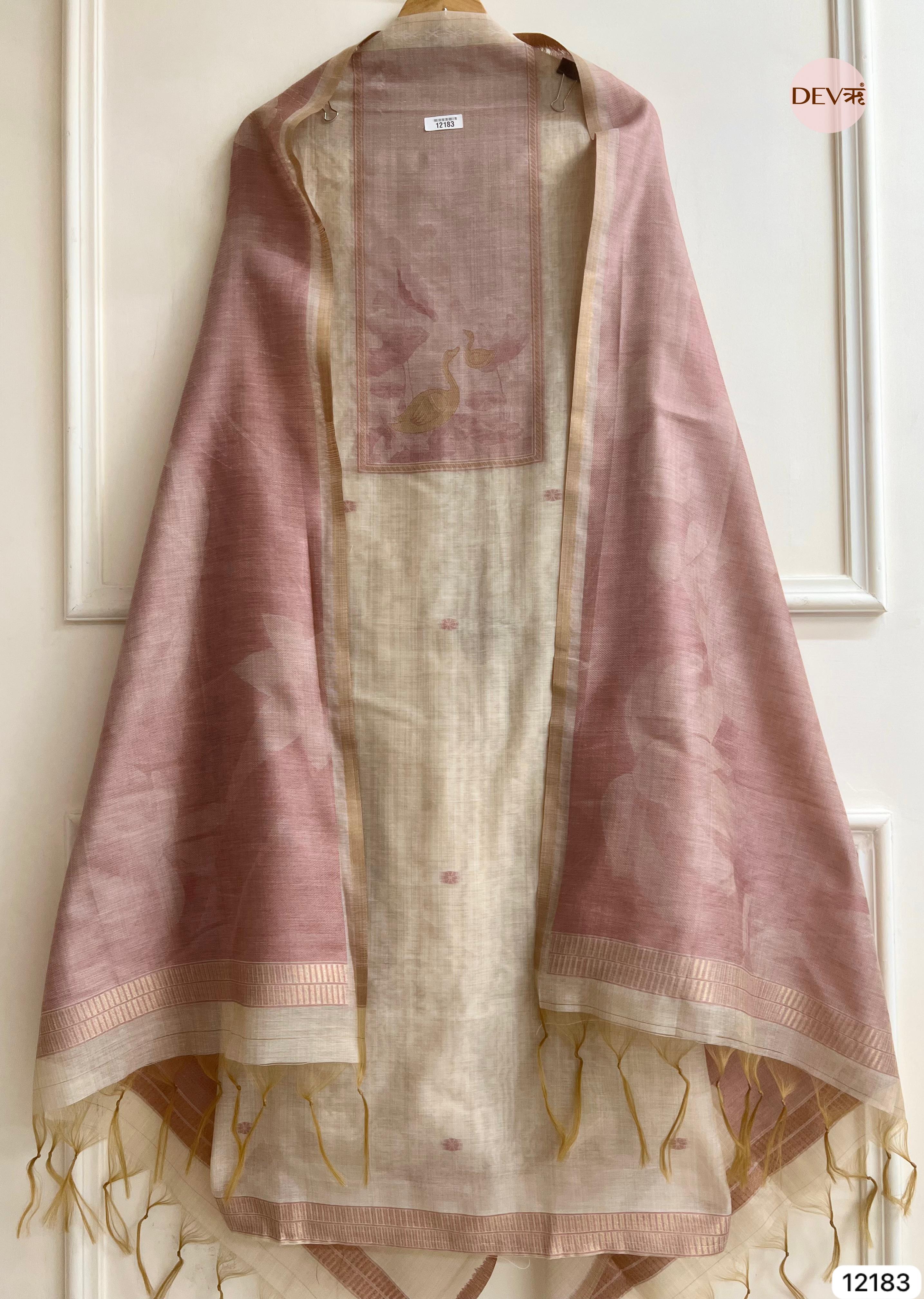 Off White Pure Jamdhani Silk Unstitched Banarasi Woven -Set Of 3 - {12183}