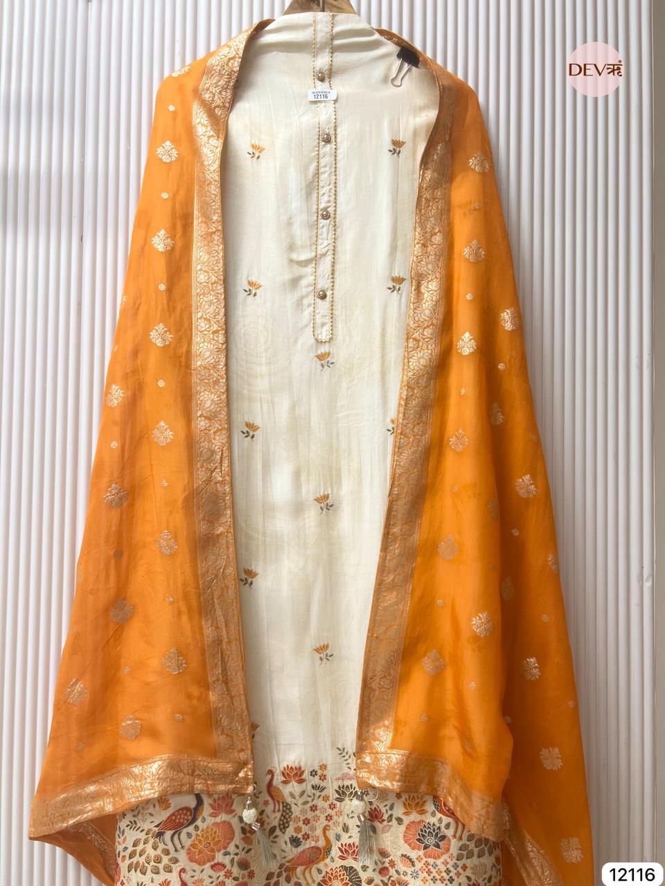 Mustard Russian Silk Embroidered Unstitched 3-Piece Suit (Devri – D.No 12116)