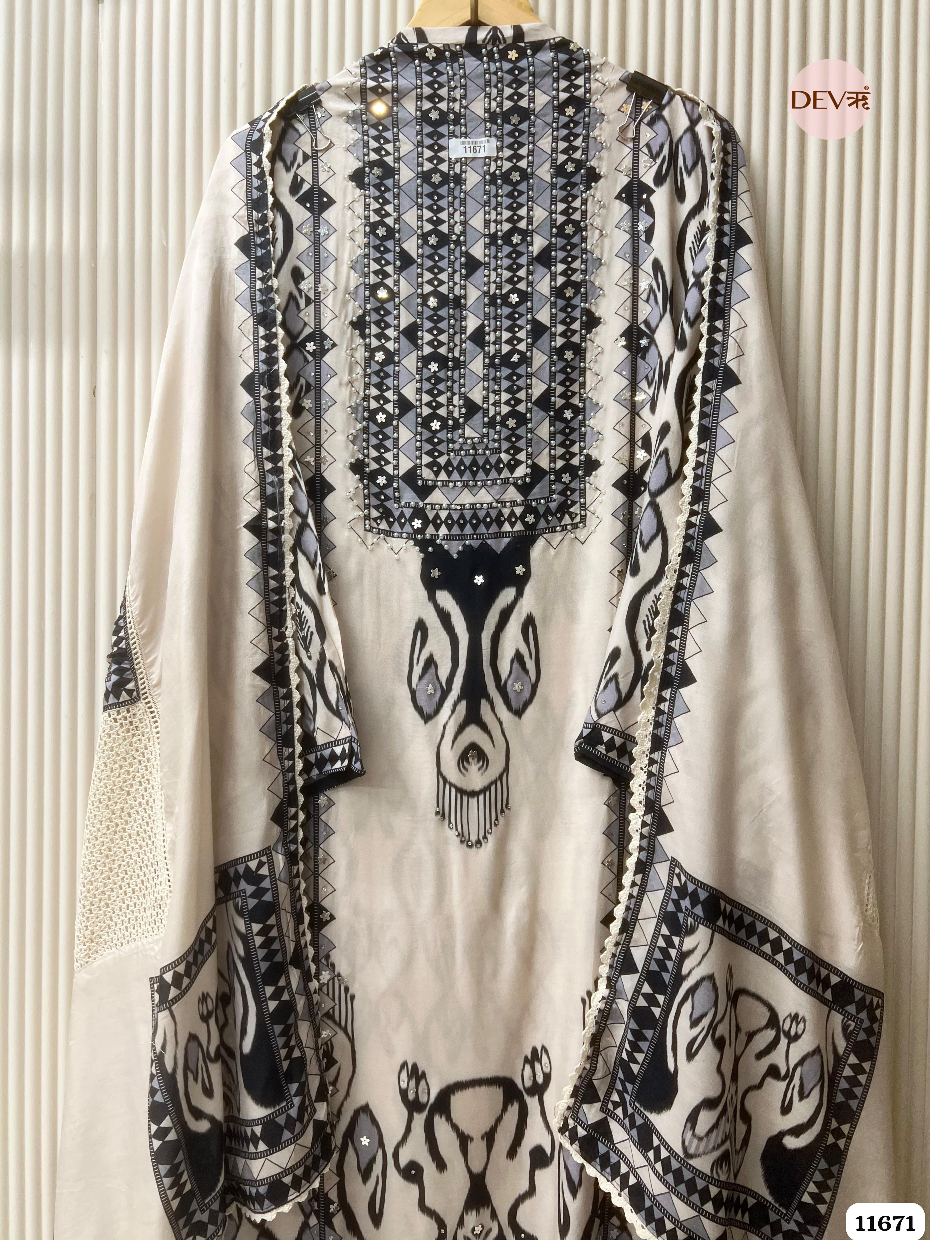 Off White Muslin Printed Semi Stitched Hand Embroidered -Set Of 3 {11671}