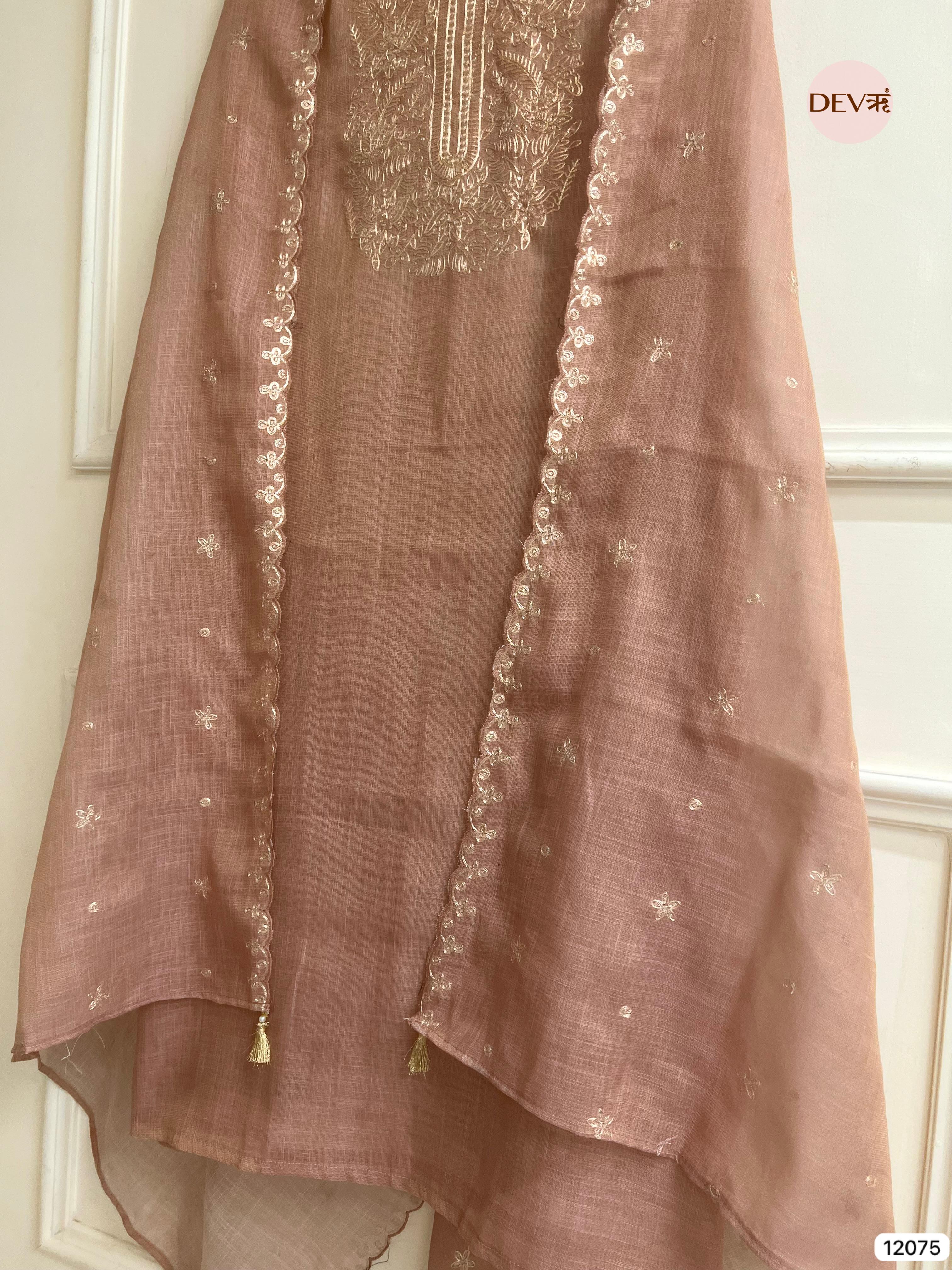 Brown Pure Linen Unstitched Zardosi Embroidered -Set Of 3 - {12075}