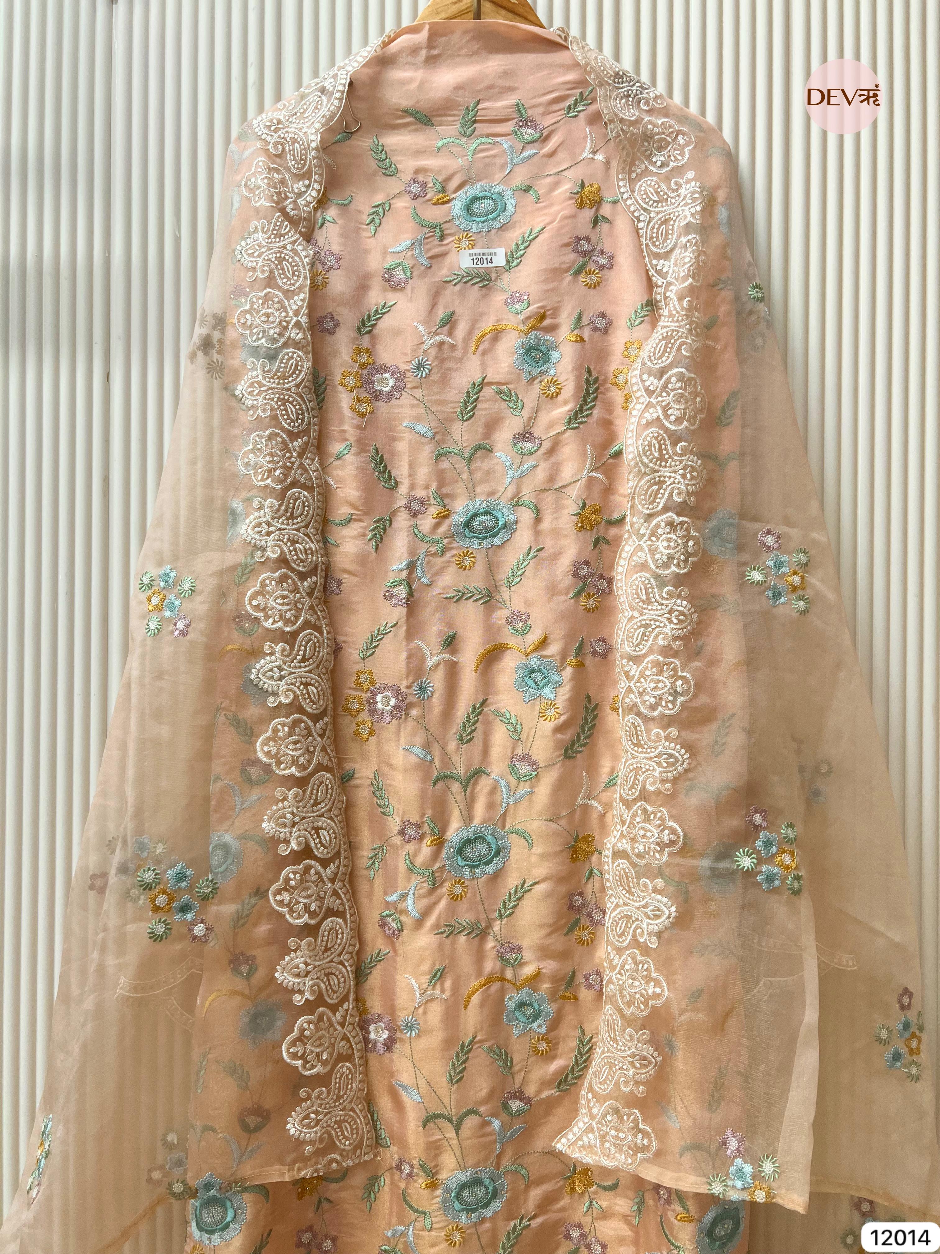 Beige Shimmer Tissue Silk Unstitched Embroidered -Set Of 3- {12014}
