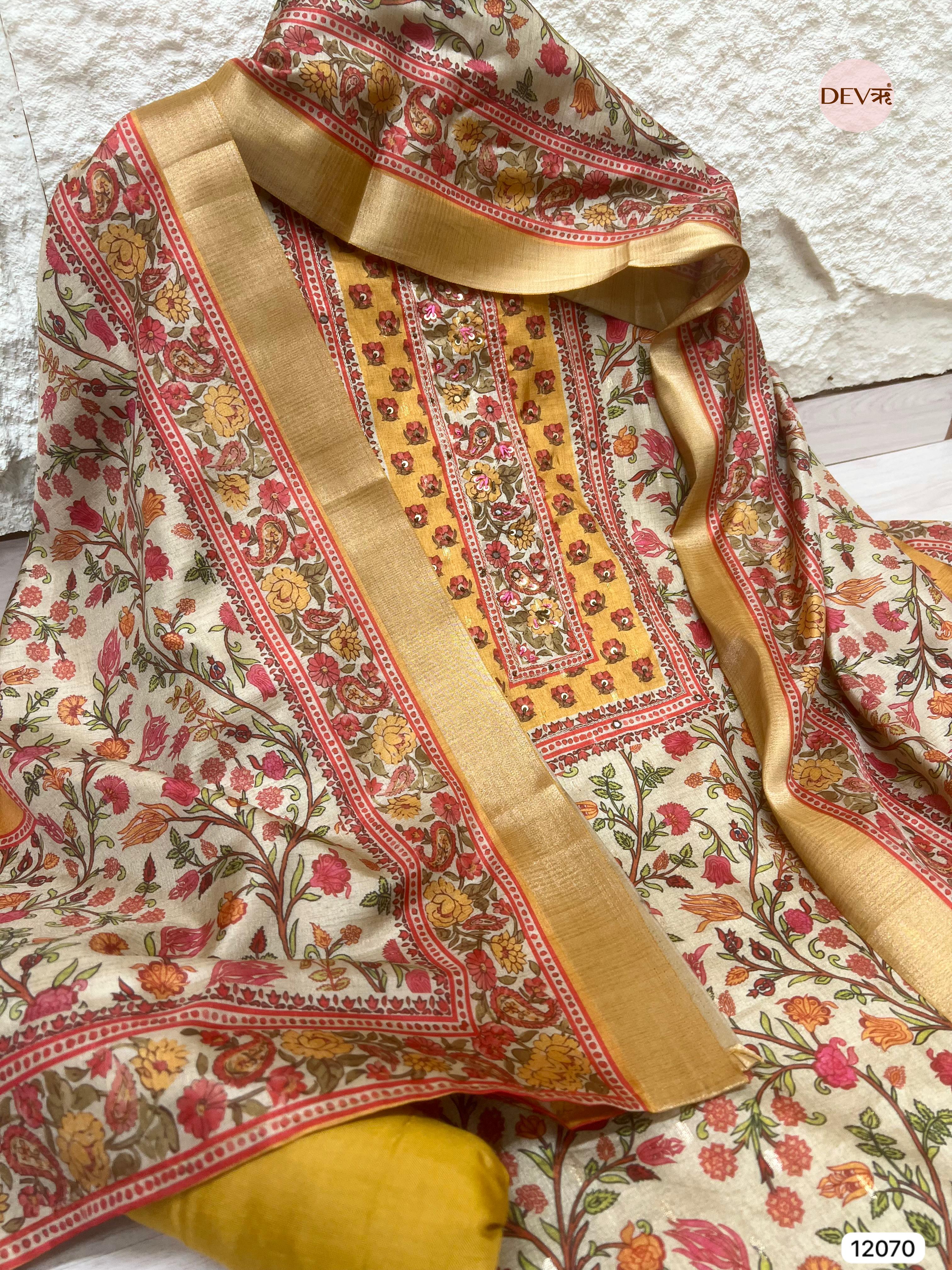 Multi colour Tissue Khadi Silk Printed Unstitched Hand Embroidered -Set Of 3 - {12070}
