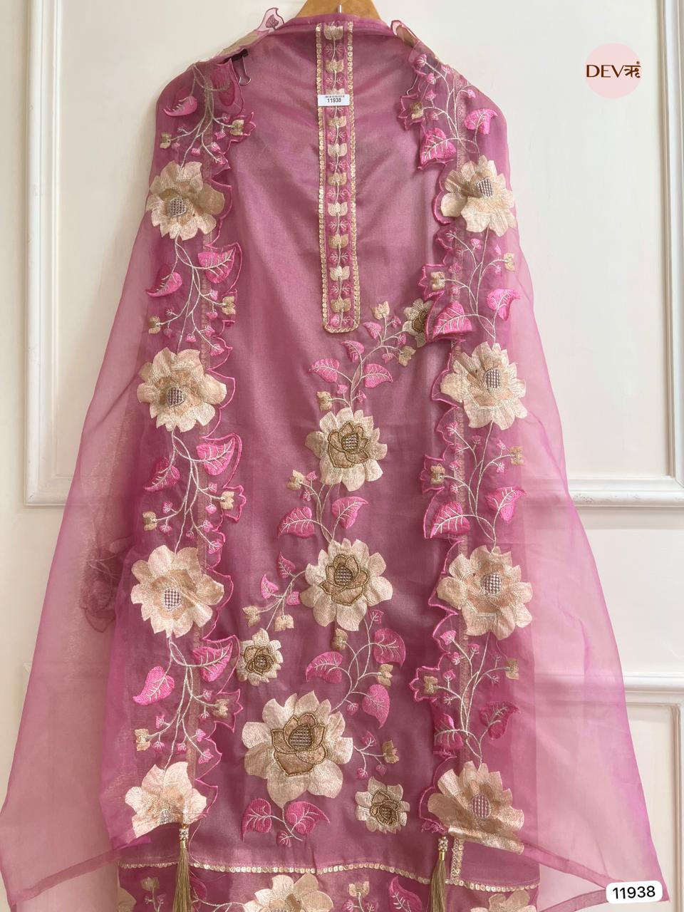 Pink Tissue Silk Unstitched Embroidered -Set Of 3 - {11938}