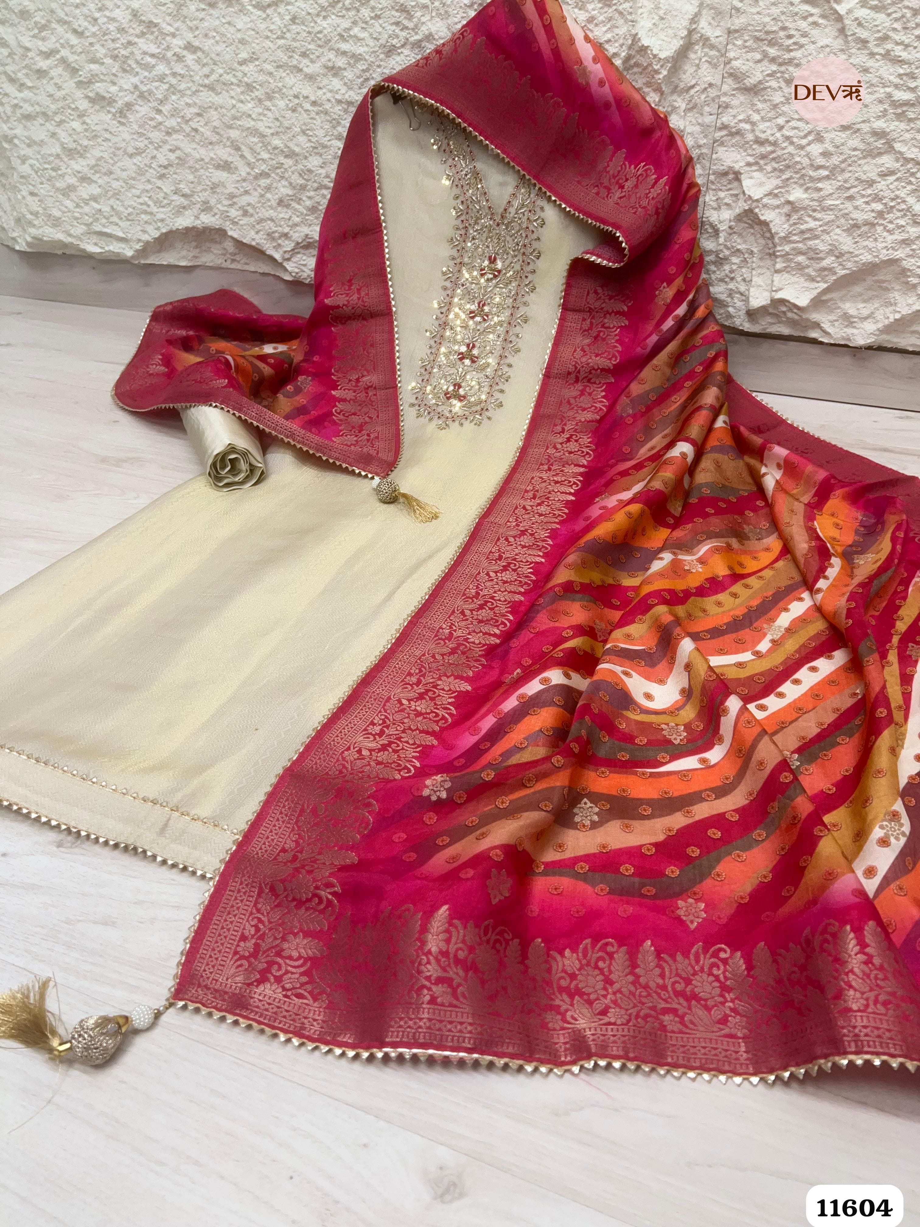 Cream Colour Pure Tissue Silk Unstitched Hand Embroidered -Set Of 3 {11604}