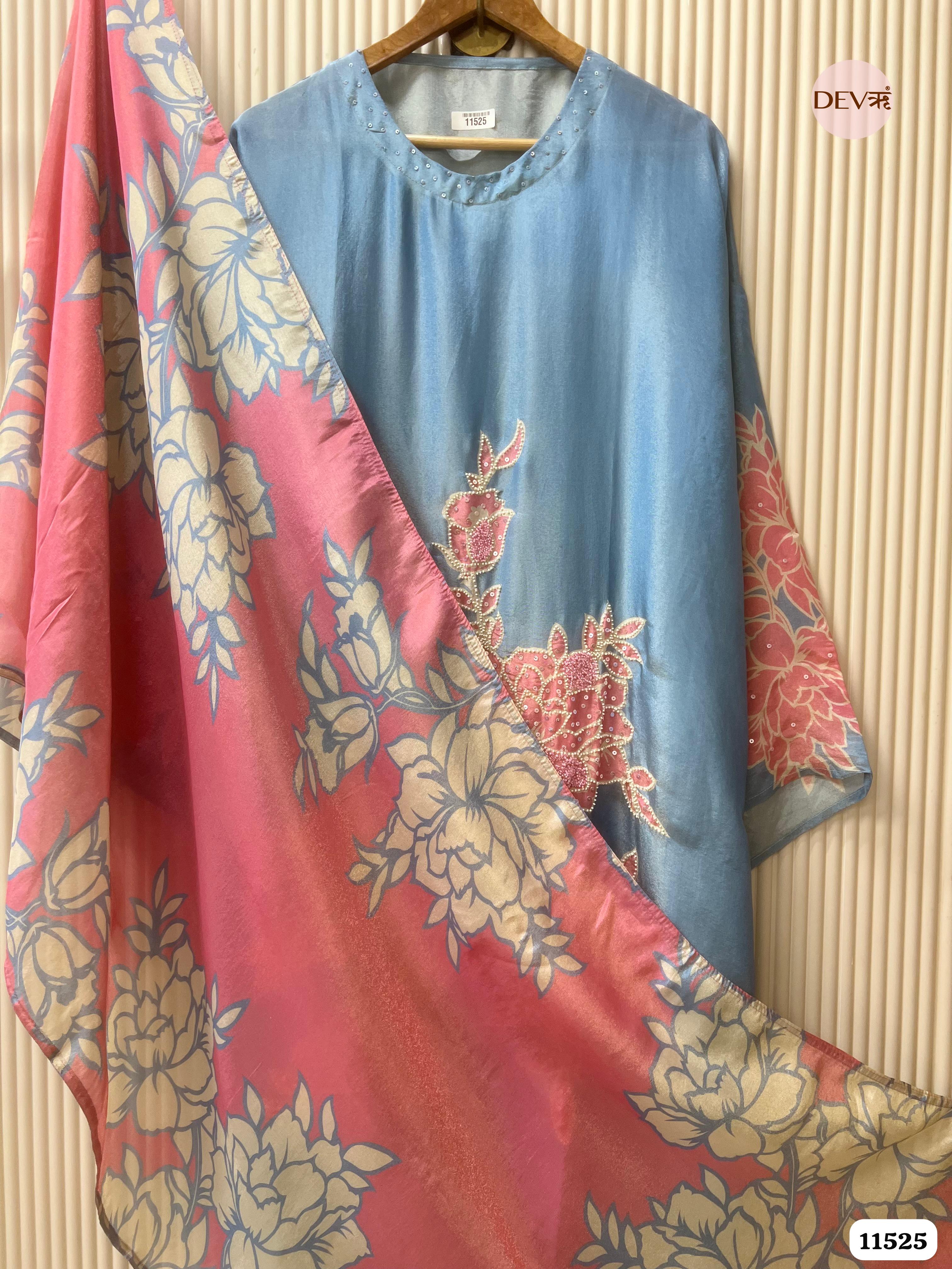 Blue Tissue Silk Semi stitched Printed Embroidered -Set Of 3 - {11525}