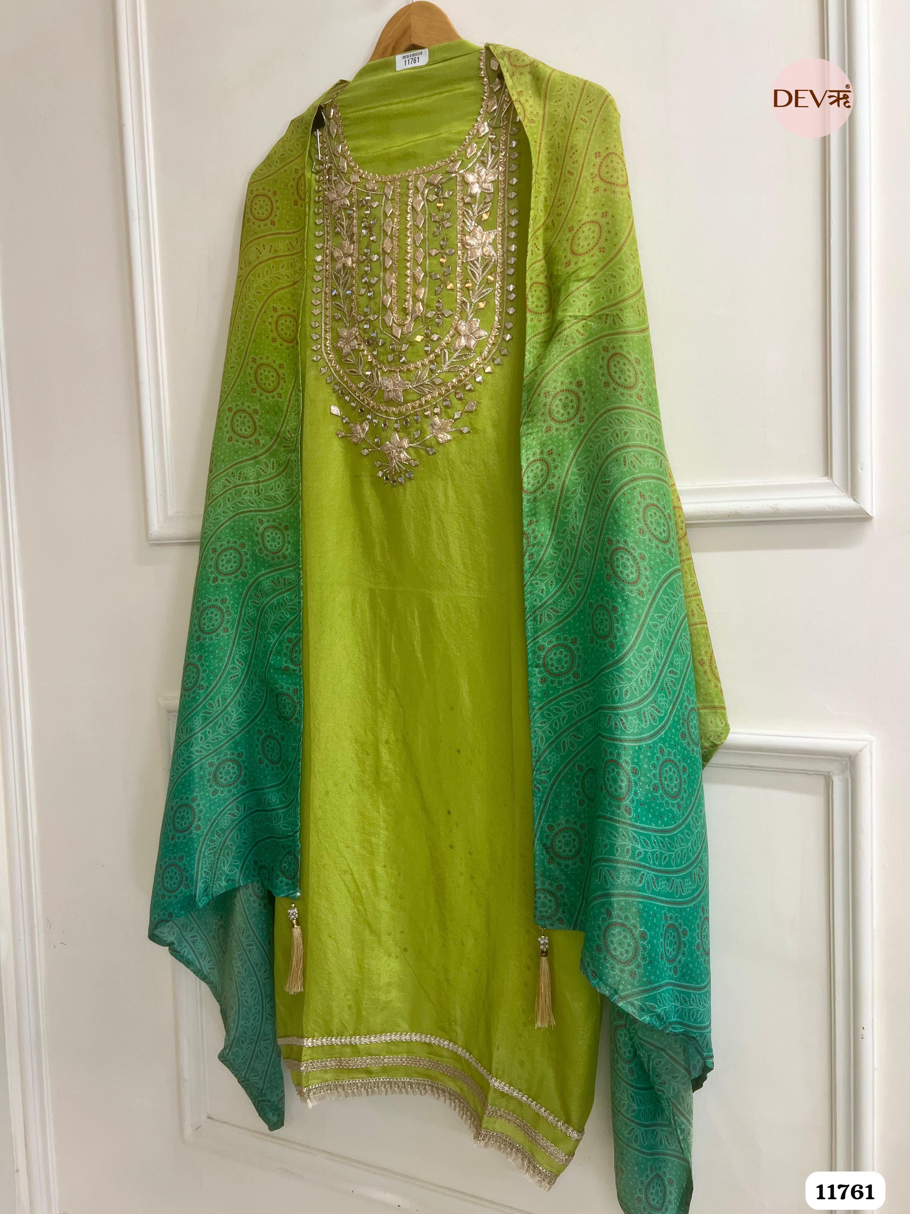Green Tissue Silk Unstitched hand Embroidered -Set Of 3 {11761}