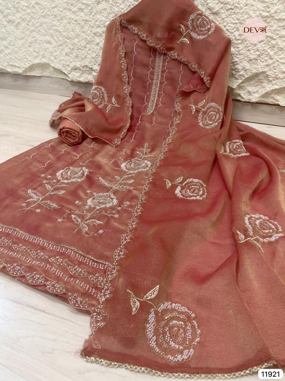 Rust Pure Tissue Crush Unstitched Hand Embroidered -Set Of 3 - {11921}