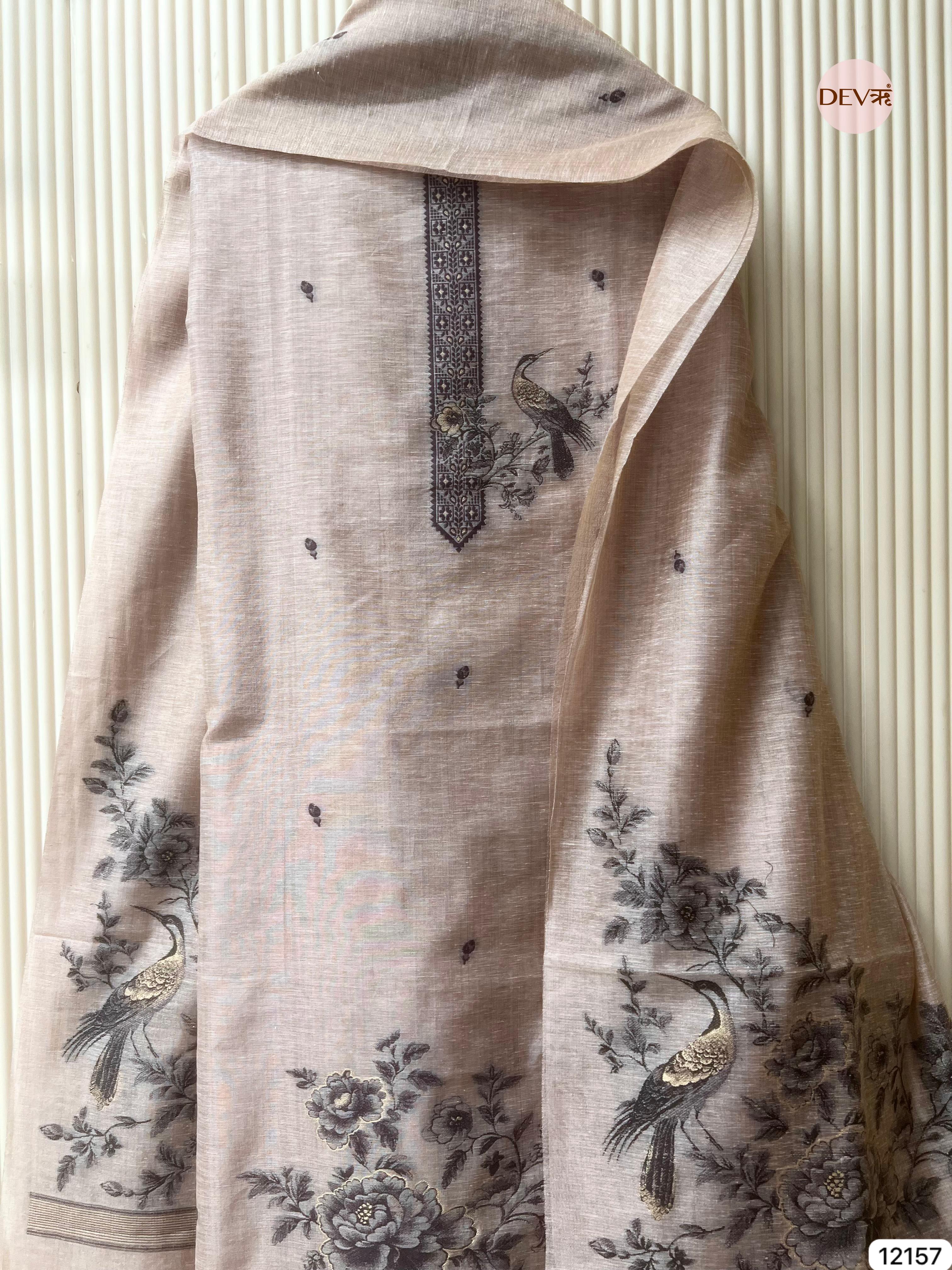 Light Brown Pure Jamdani Linen Unstitched -Set Of 3 - {12157}