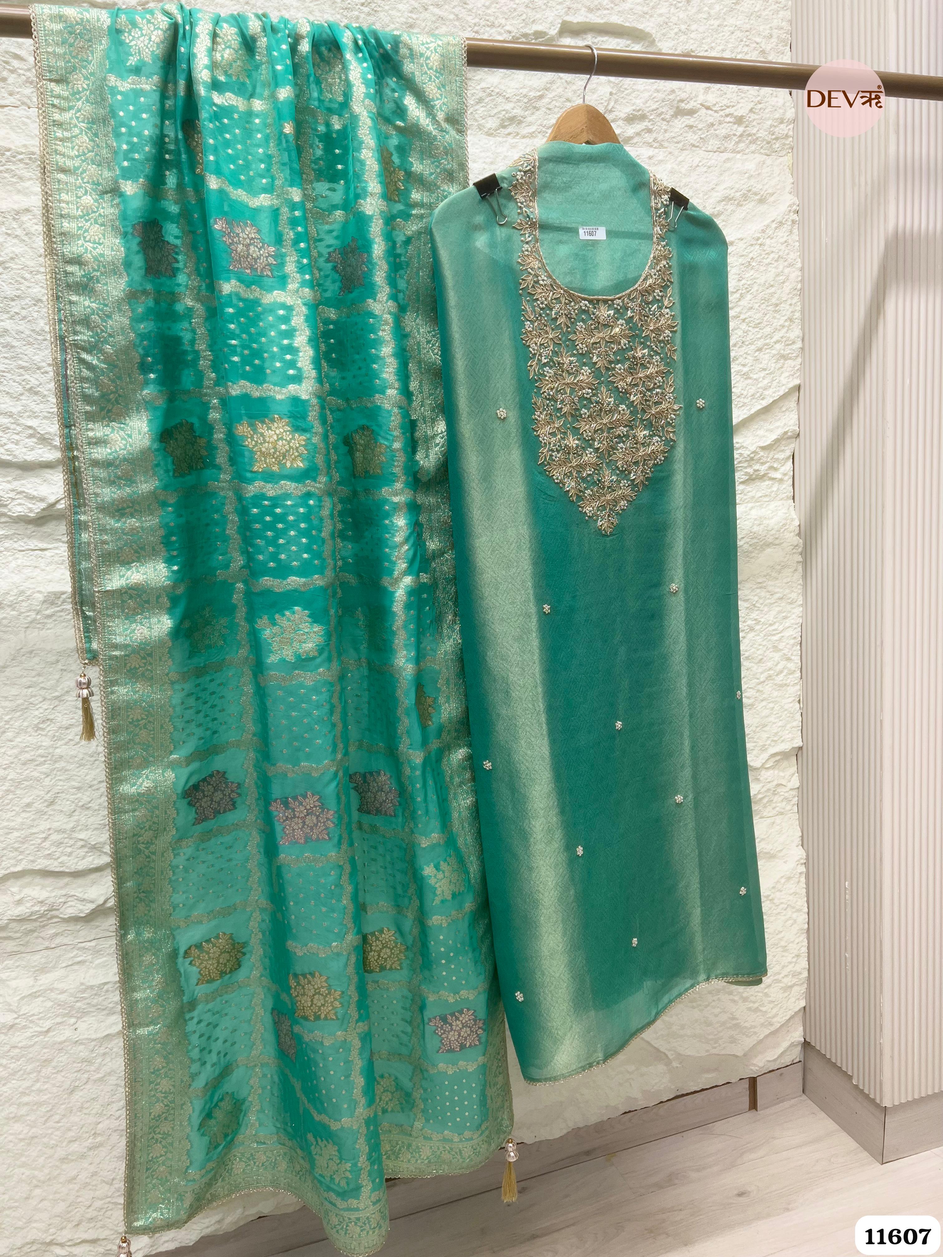 Green Pure Tissue Banarasi Silk Unstitched Hand Embroidered -Set Of 3 {11607}