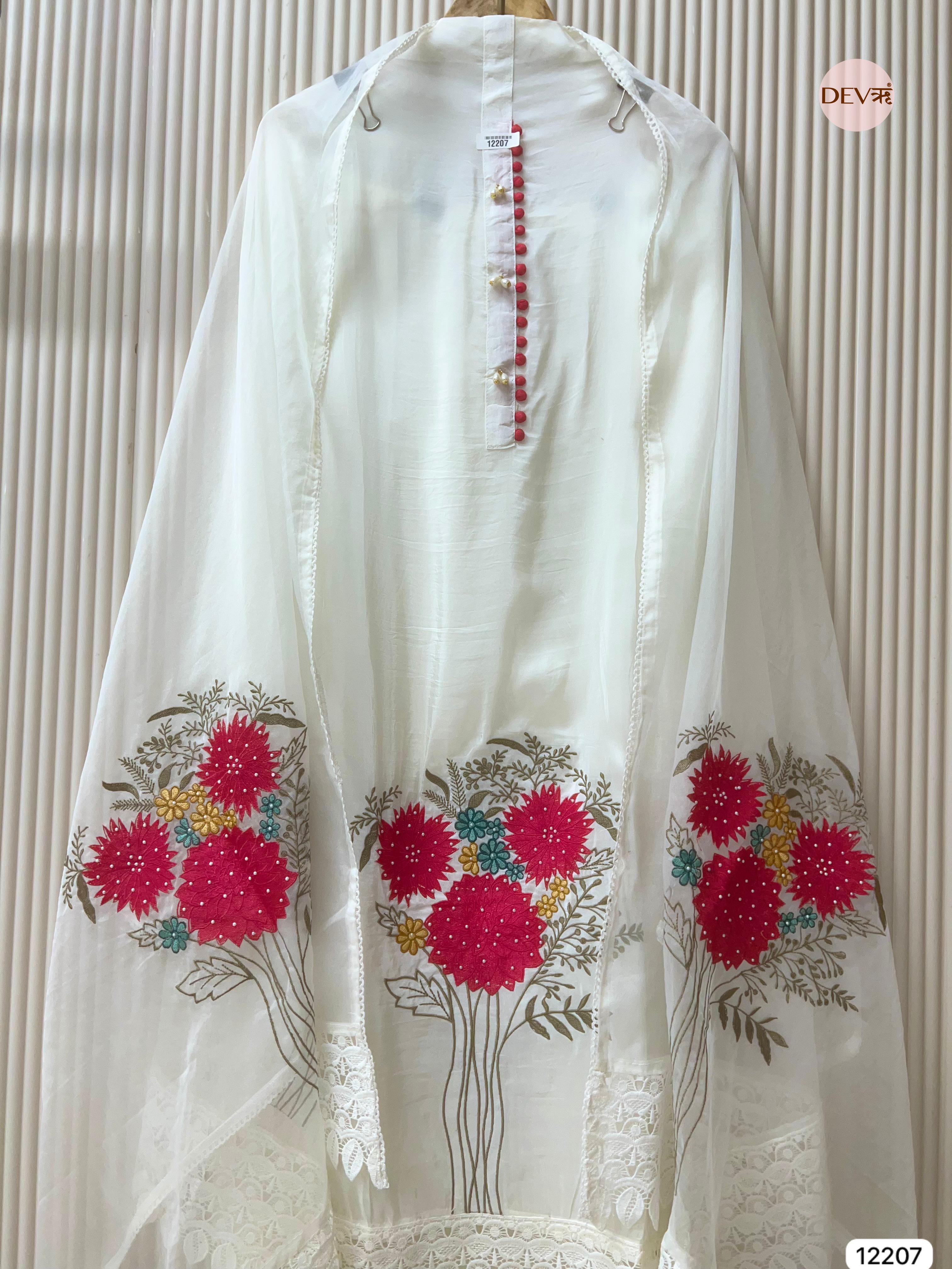 White Glass Organza Embroidered Unstitched 3-Piece Suit (Devri – D.No 12207)