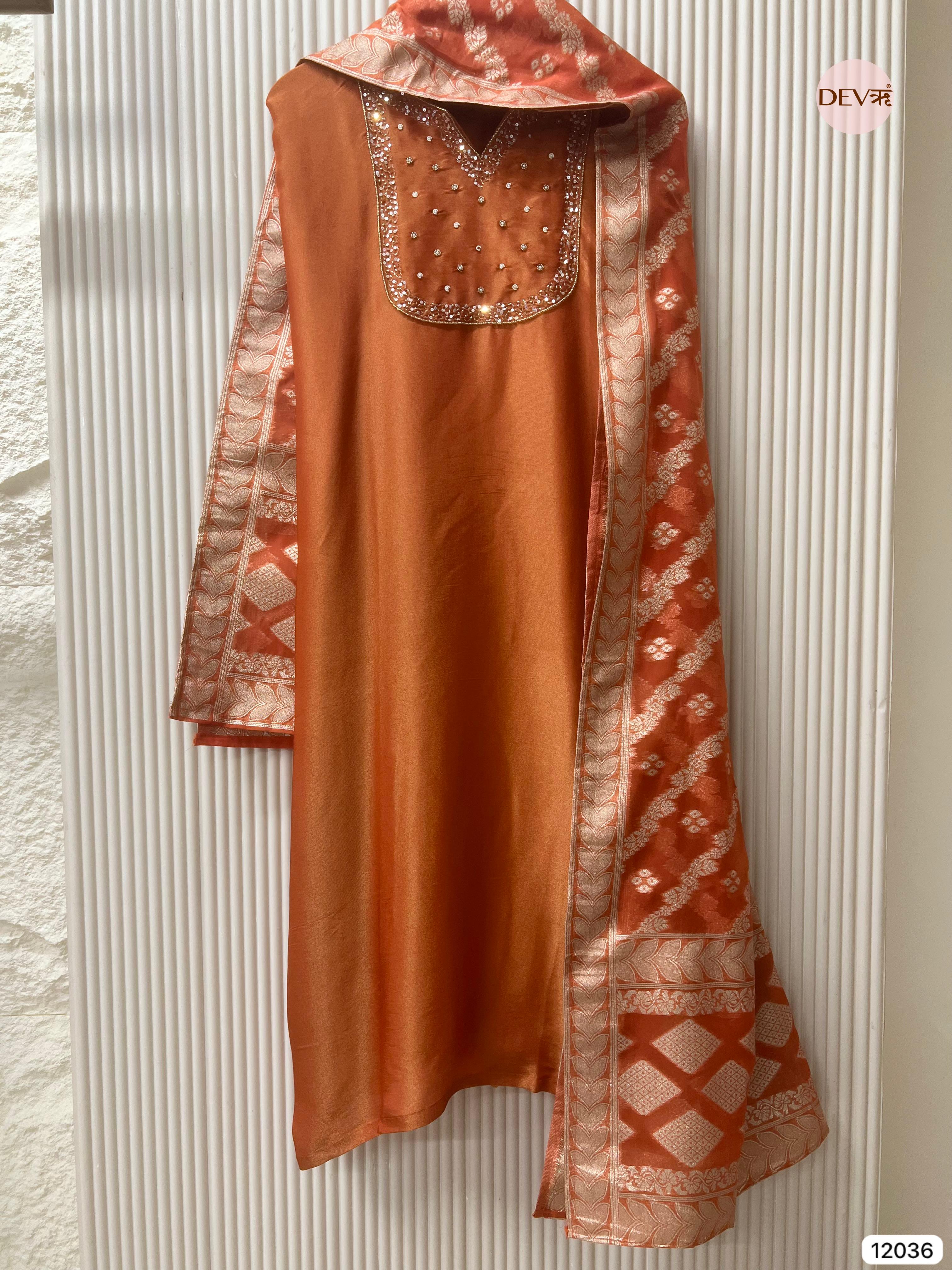 Rust Tissue Shimmer Silk Unstitched Embroidered -Set Of 3 - {12036}