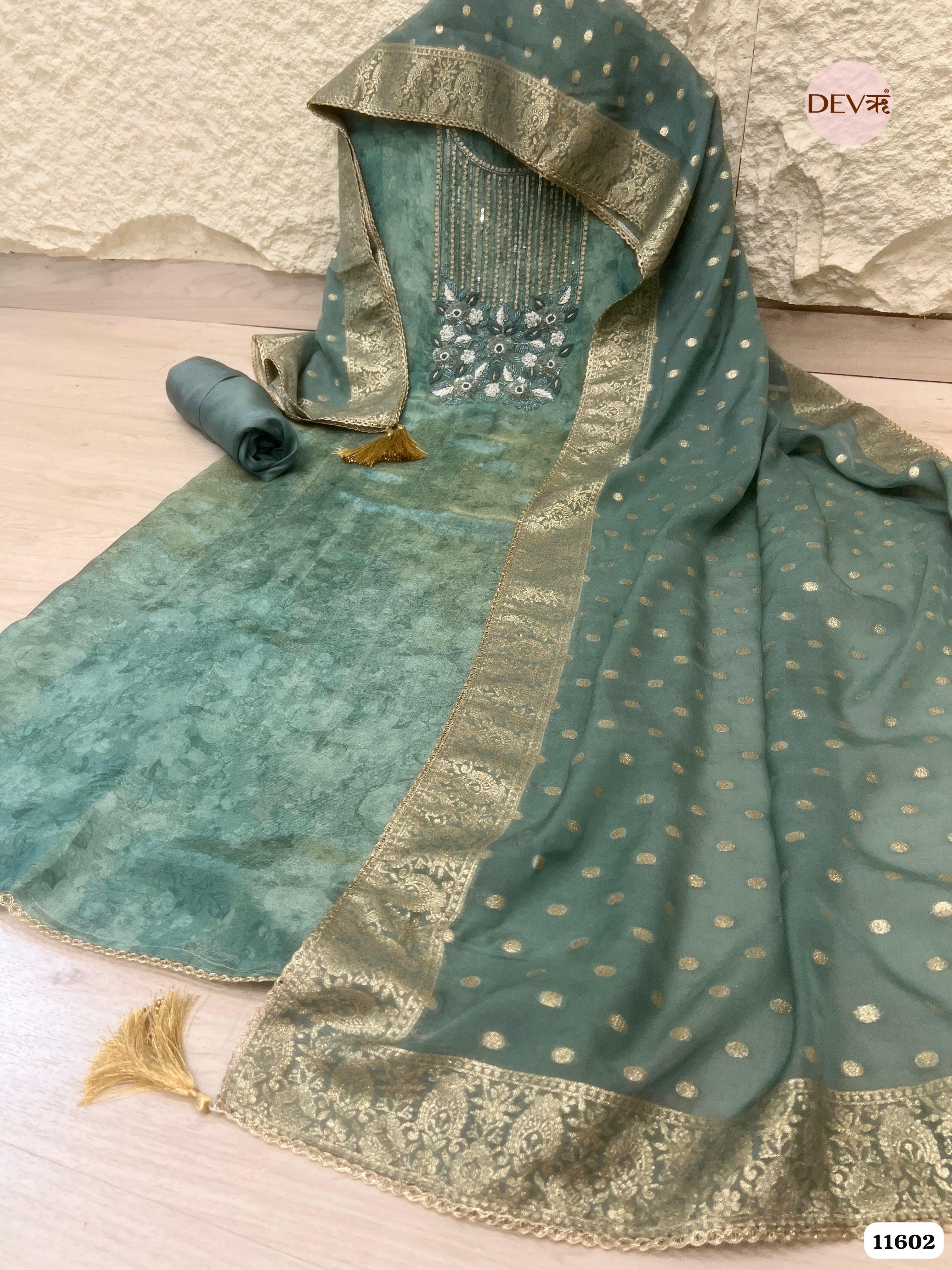 Sea Green Pure Tissue Silk Unstitched Hand Embroidered -Set Of 3 {11602}