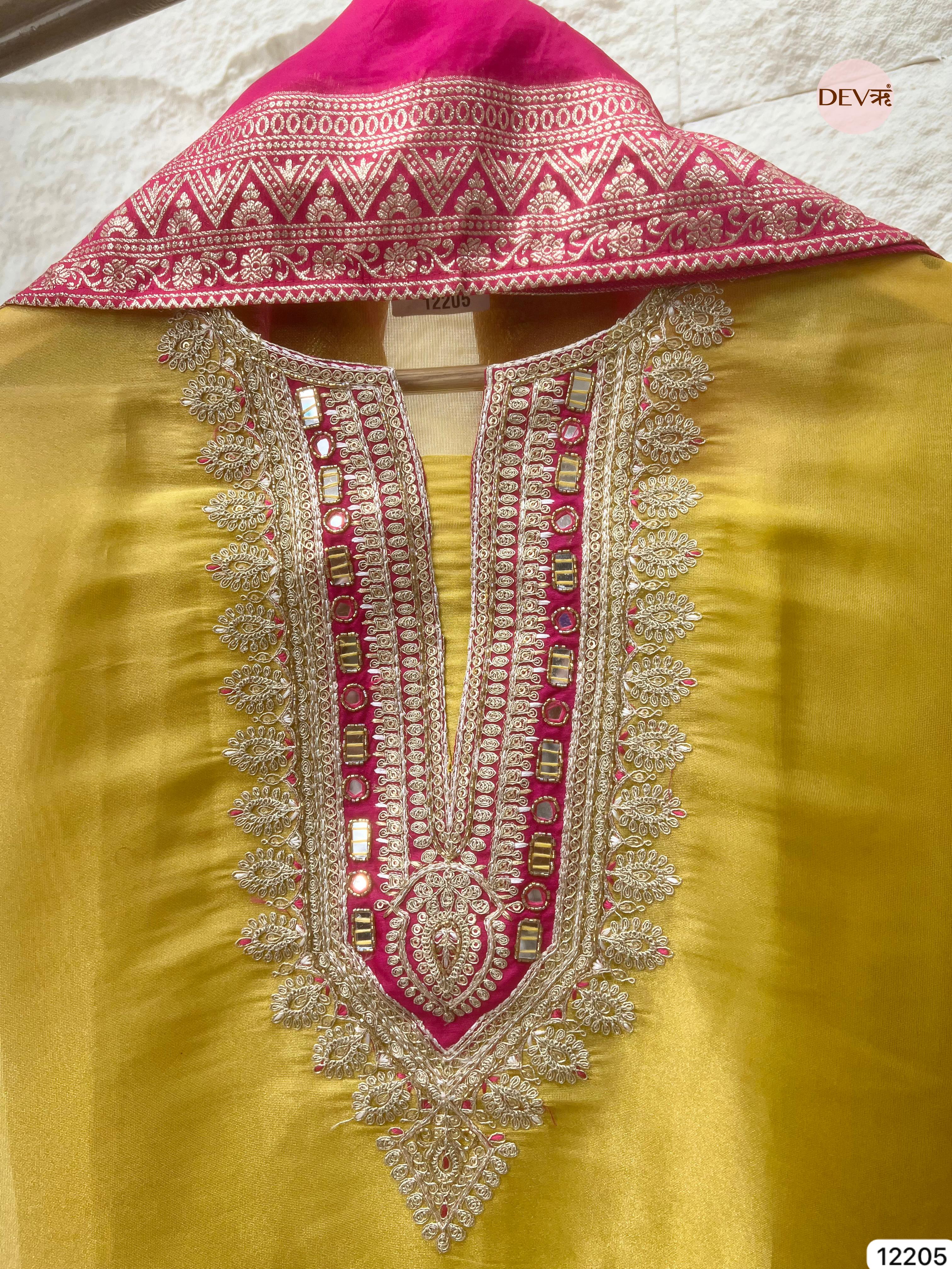 Yellow Shimmer Silk Embroidered Unstitched 3-Piece Suit (Devri – D.No 12205)