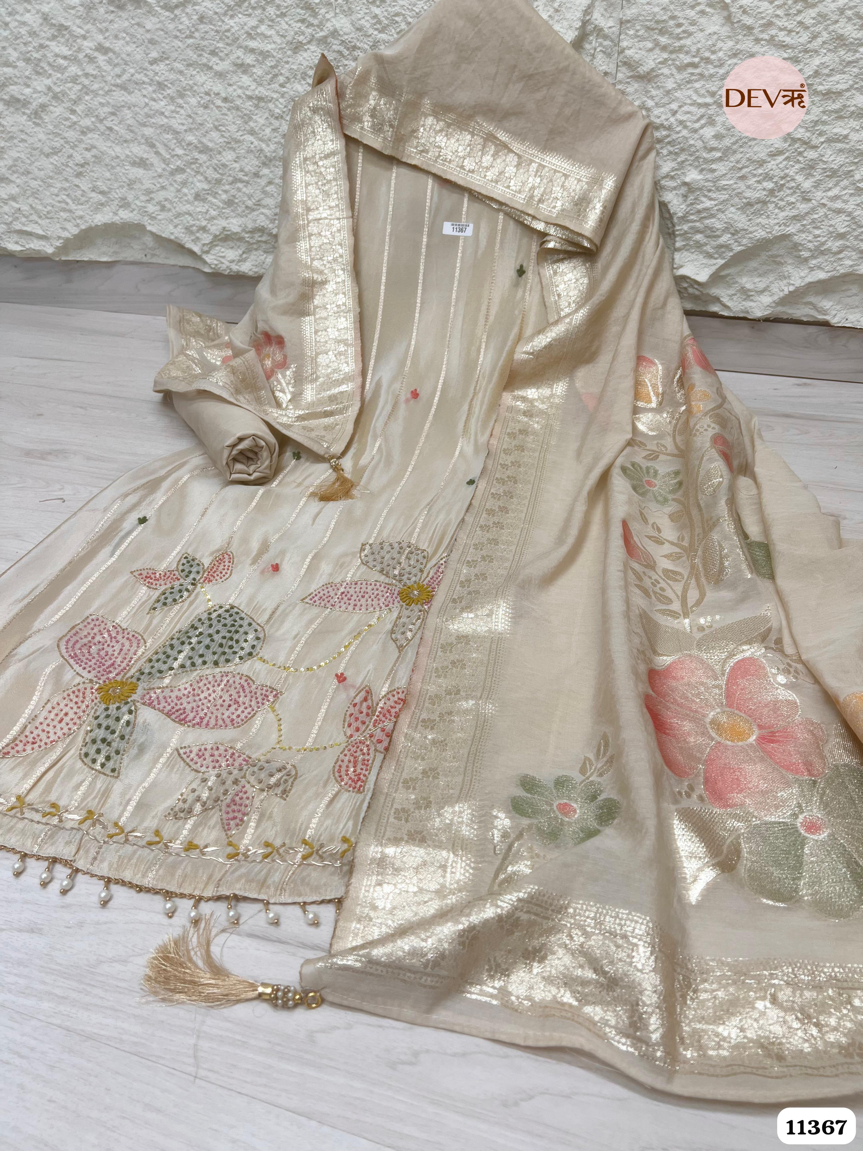 Off-White Or Cream Color Tissue Silk Unstitched Woven Hand Embroidered -Set Of 3 {11367}