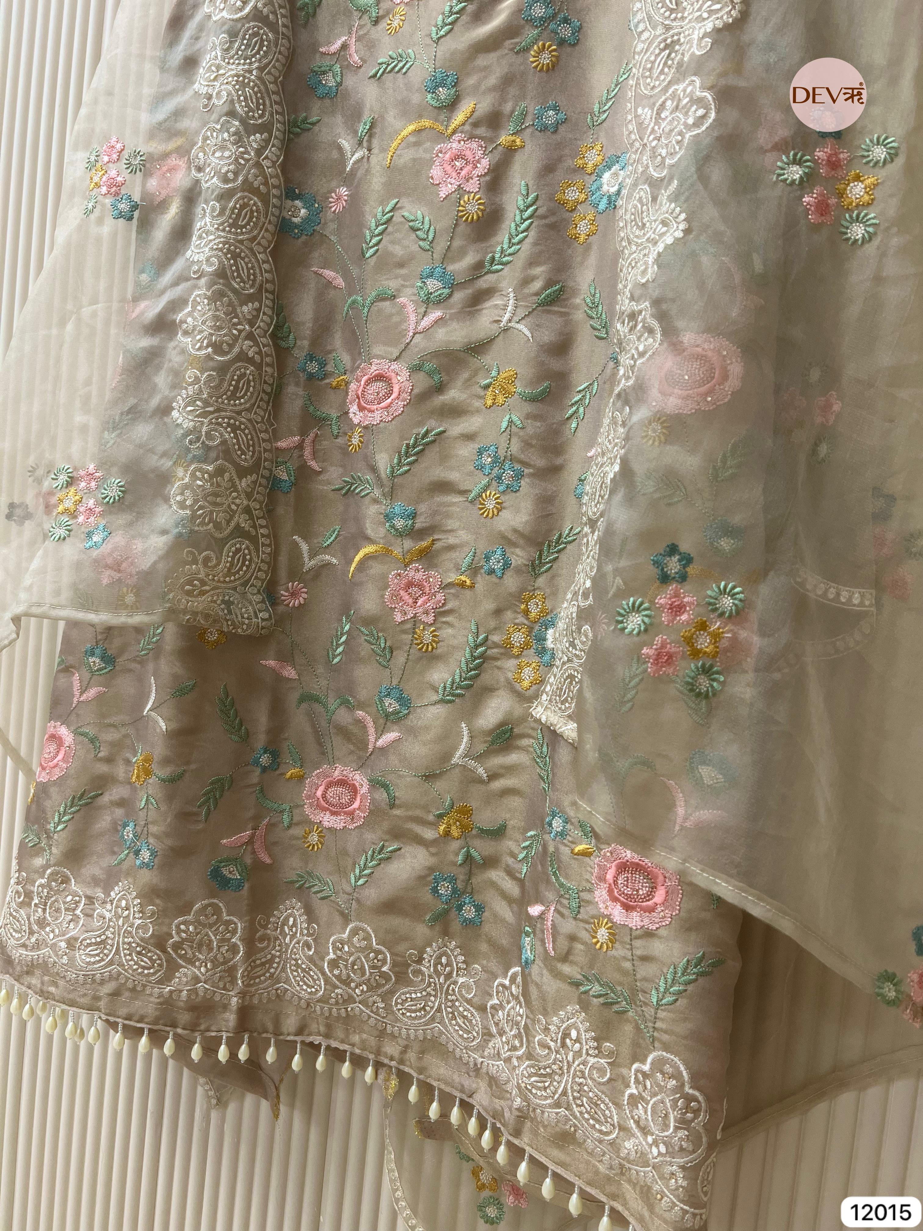Grey Shimmer Tissue Silk Unstitched Embroidered -Set Of 3 - {12015}