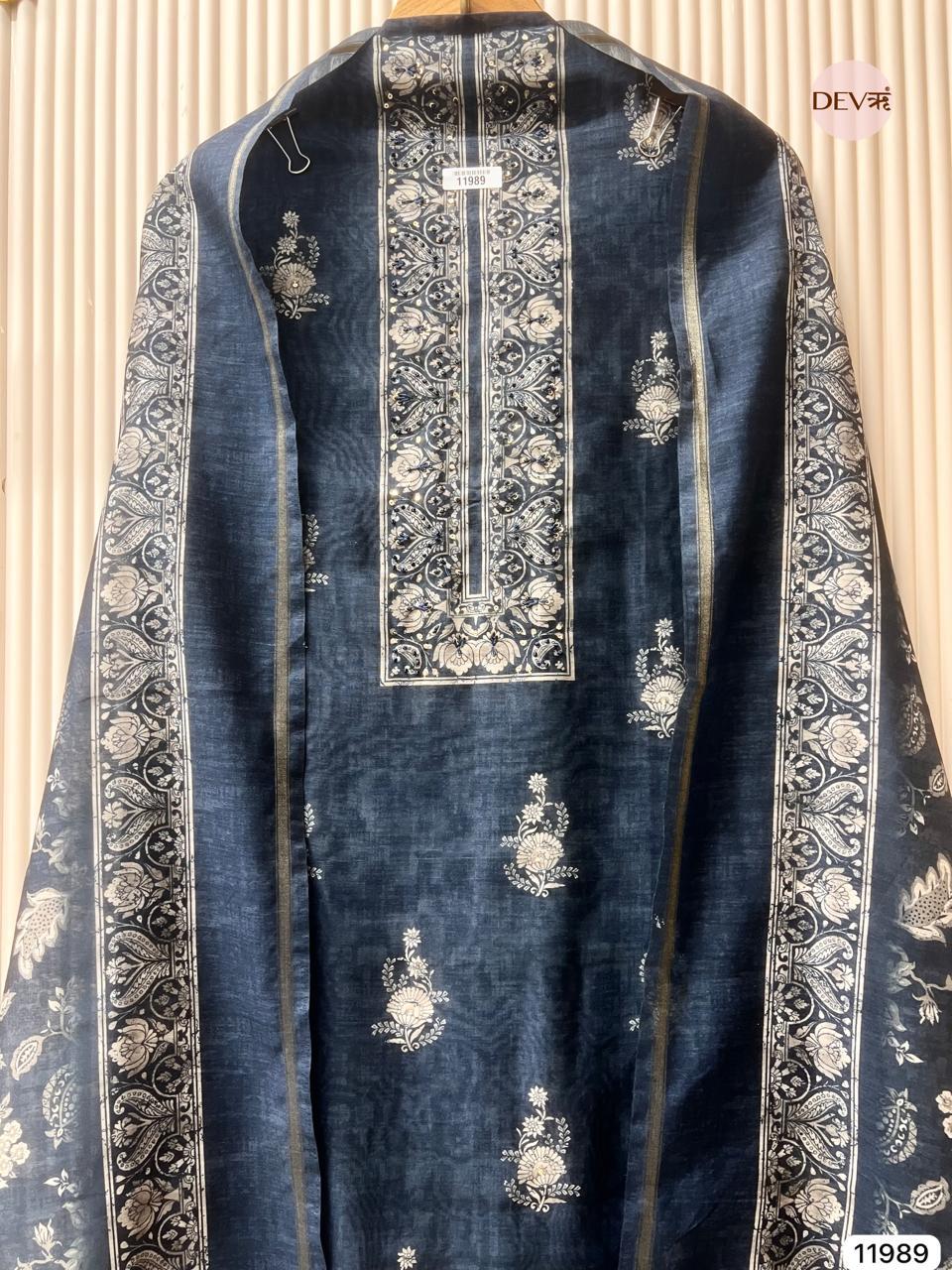 Navy Mul Chanderi Printed Unstitched 3-Piece Suit (Devri – D.No 11989)