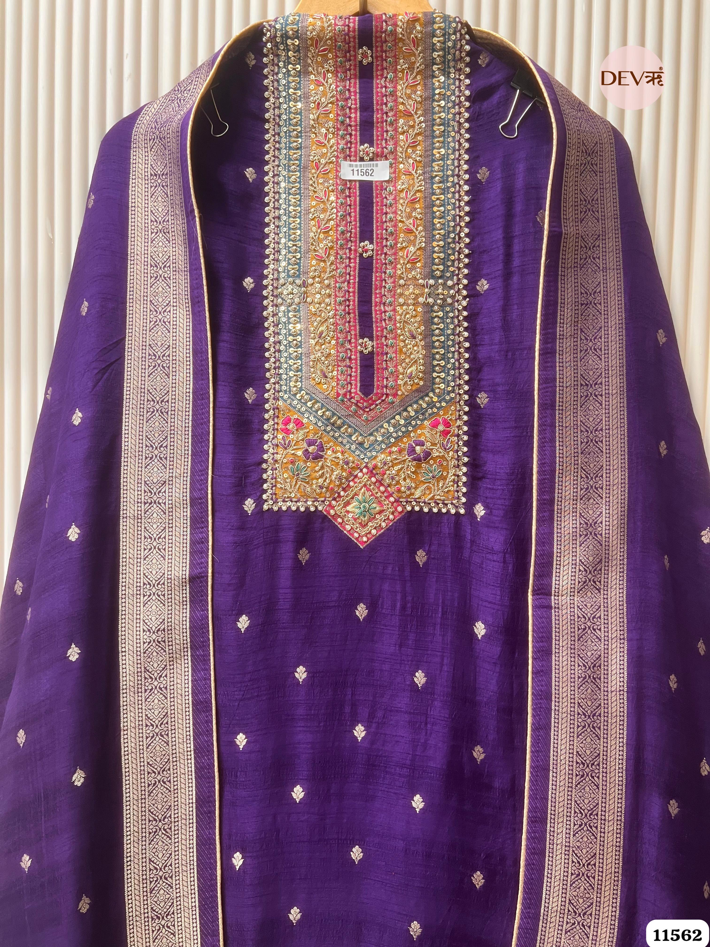Purple Pure Russian silk Woven Unstitched Hand Embroidered -Set Of 3 {11562}