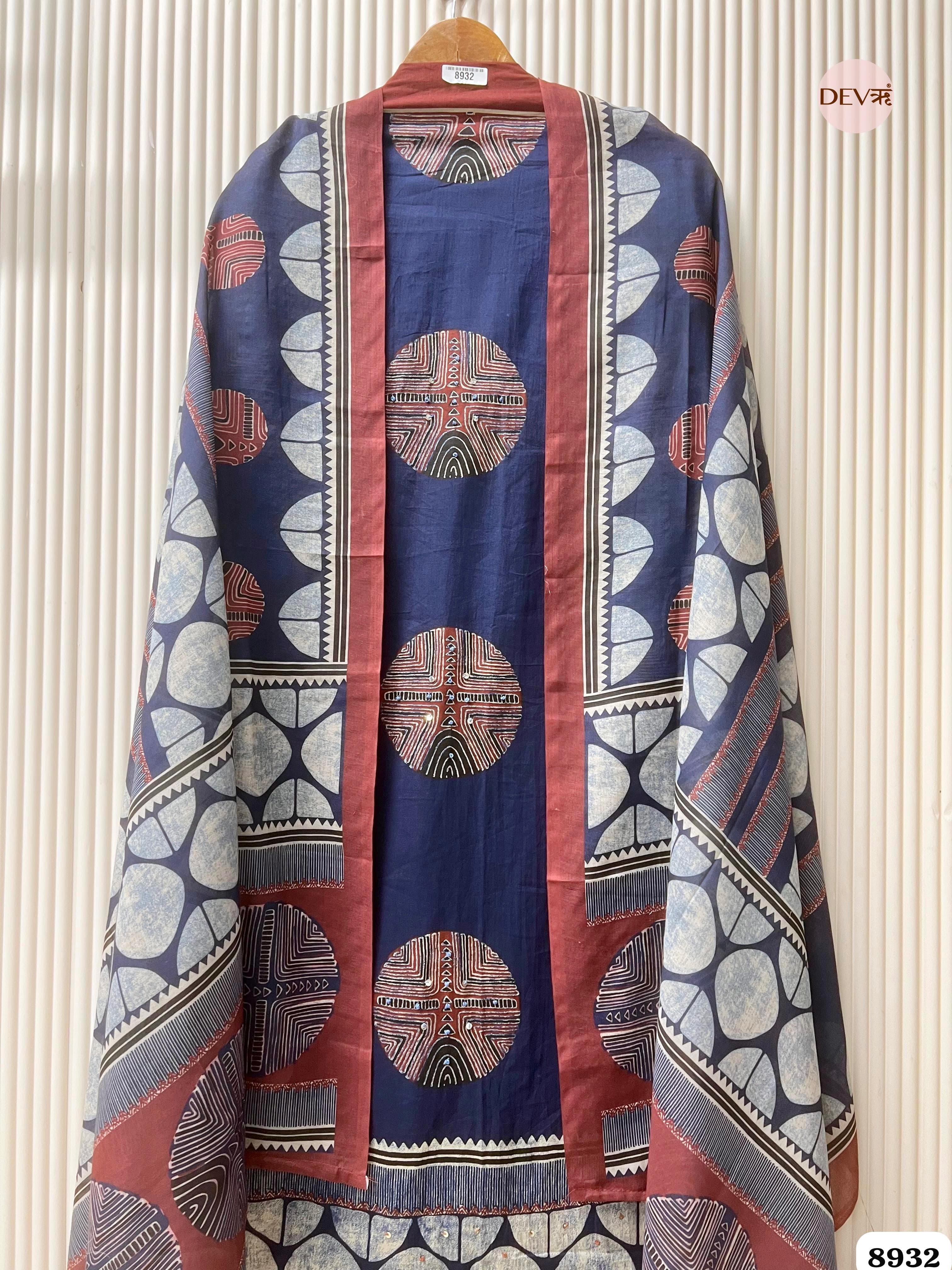 Blue Cotton Printed Unstitched Embroidered -Set Of 3