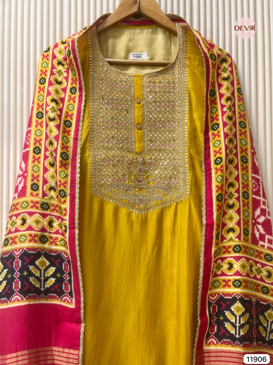 Yellow Pure Russian Silk Unstitched Hand Embroidered -Set Of 3 - {11906}