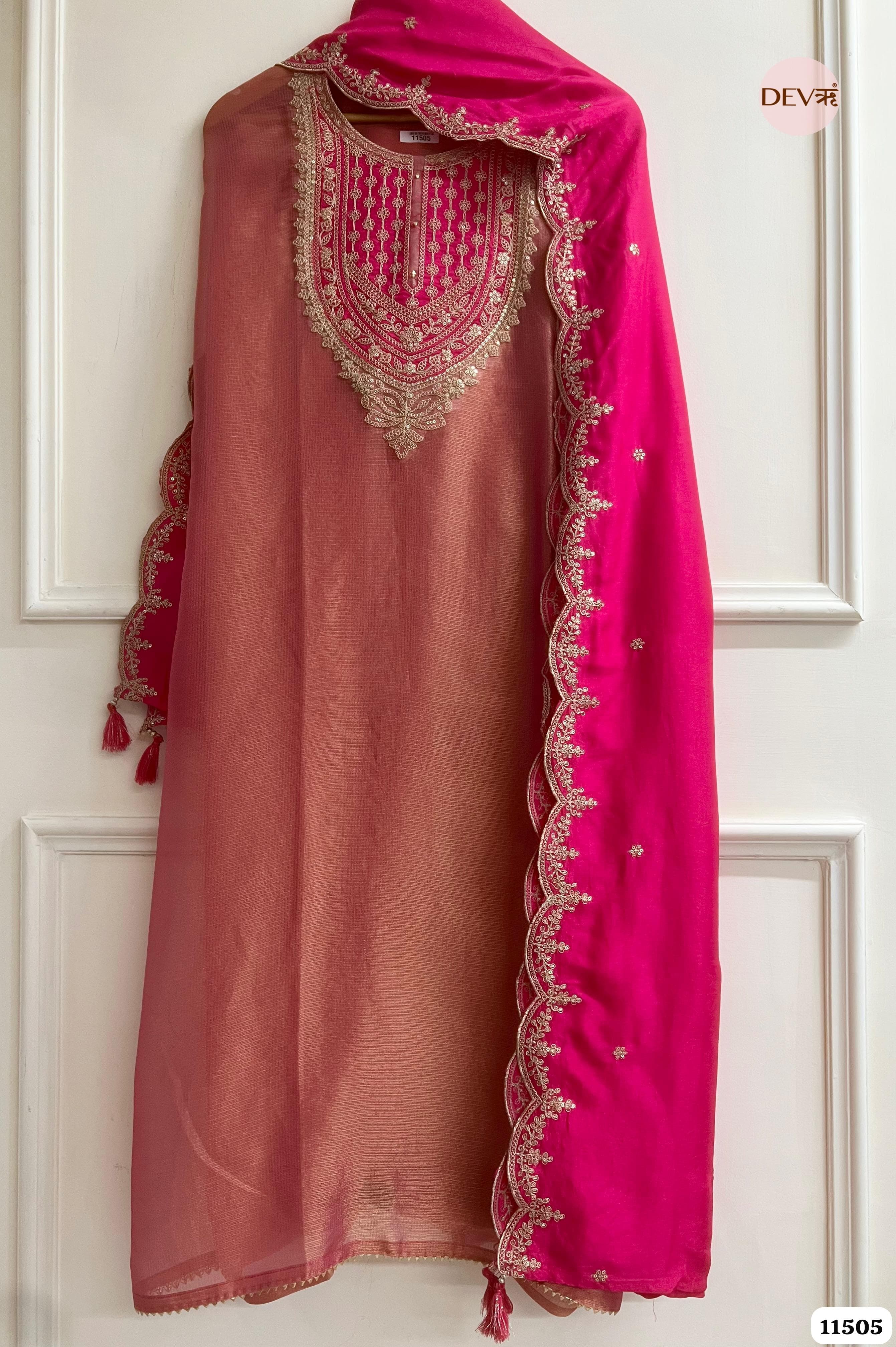 Primarily Pink Tissue Silk Unstitched Embroidered -Set Of 3 {11505}